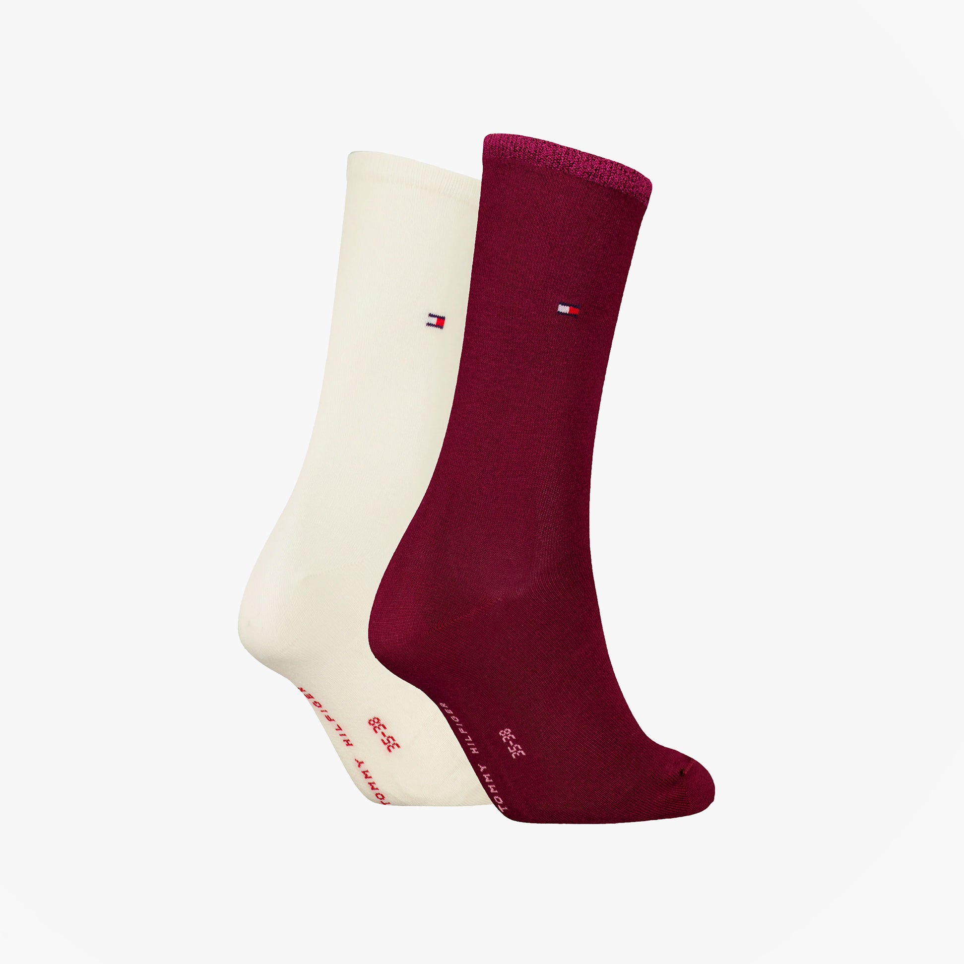 Tommy Hilfiger 2 Pack Womens Crew Socks Deep Rouge, side view showing deep rouge and cream colors.