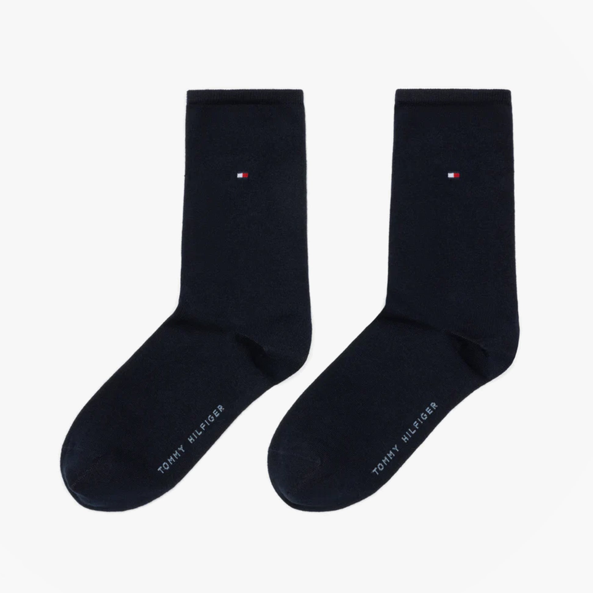 Tommy Hilfiger 2 Pack Womens Crew Socks Navy side view showing logo and design details.