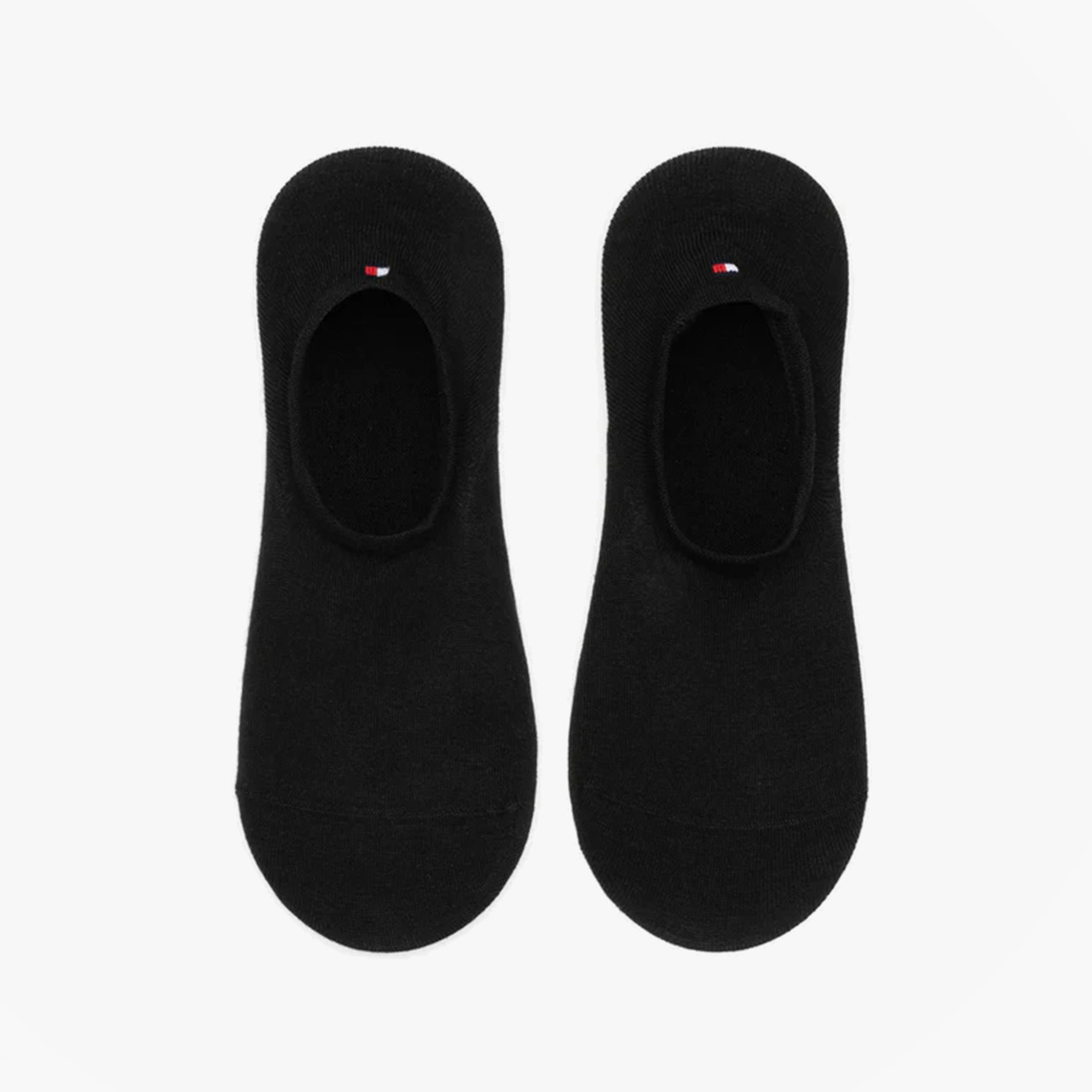 Tommy Hilfiger 2 Pack Mens Invisible Socks Black top view showcasing sleek design and logo detail.