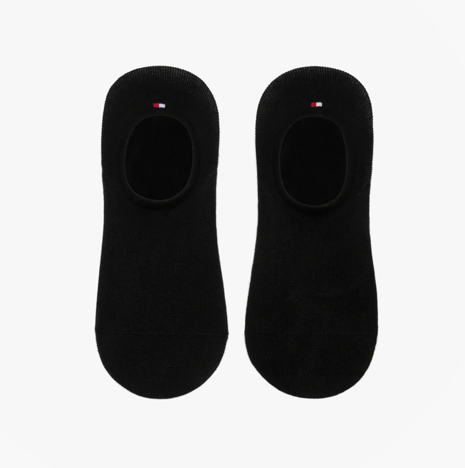 Tommy Hilfiger 2 Pack Womens Invisible Socks Black top view showing soft fabric and iconic logo detail.