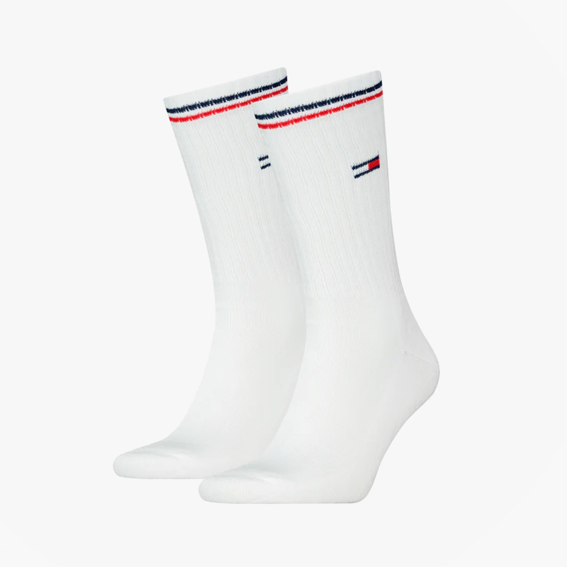 Tommy Hilfiger 2 Pack Trainer Mens Crew Socks White side view showing design and colors.