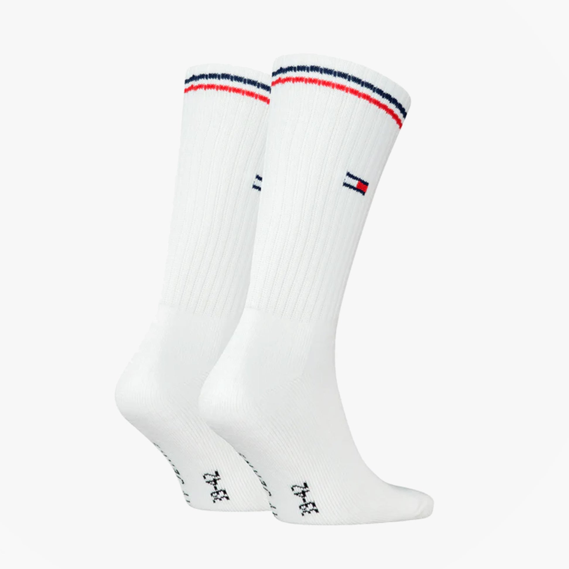 Tommy Hilfiger 2 Pack Trainer Mens Crew Socks White, side view showing white socks with red and blue stripes.