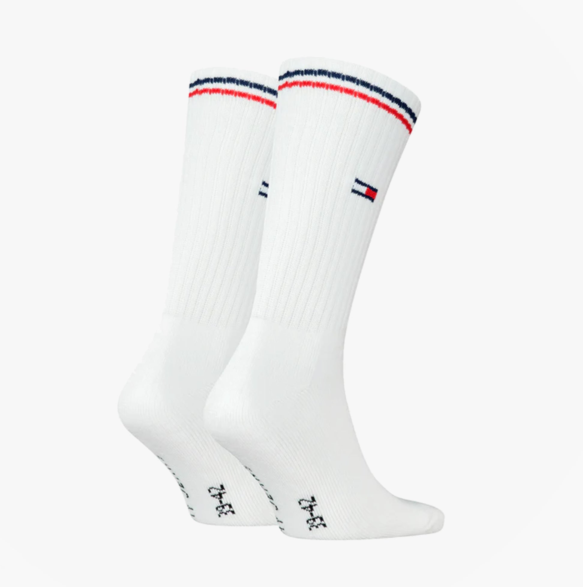 Tommy Hilfiger 2 Pack Trainer Mens Crew Socks White, side view showing white socks with red and blue stripes.