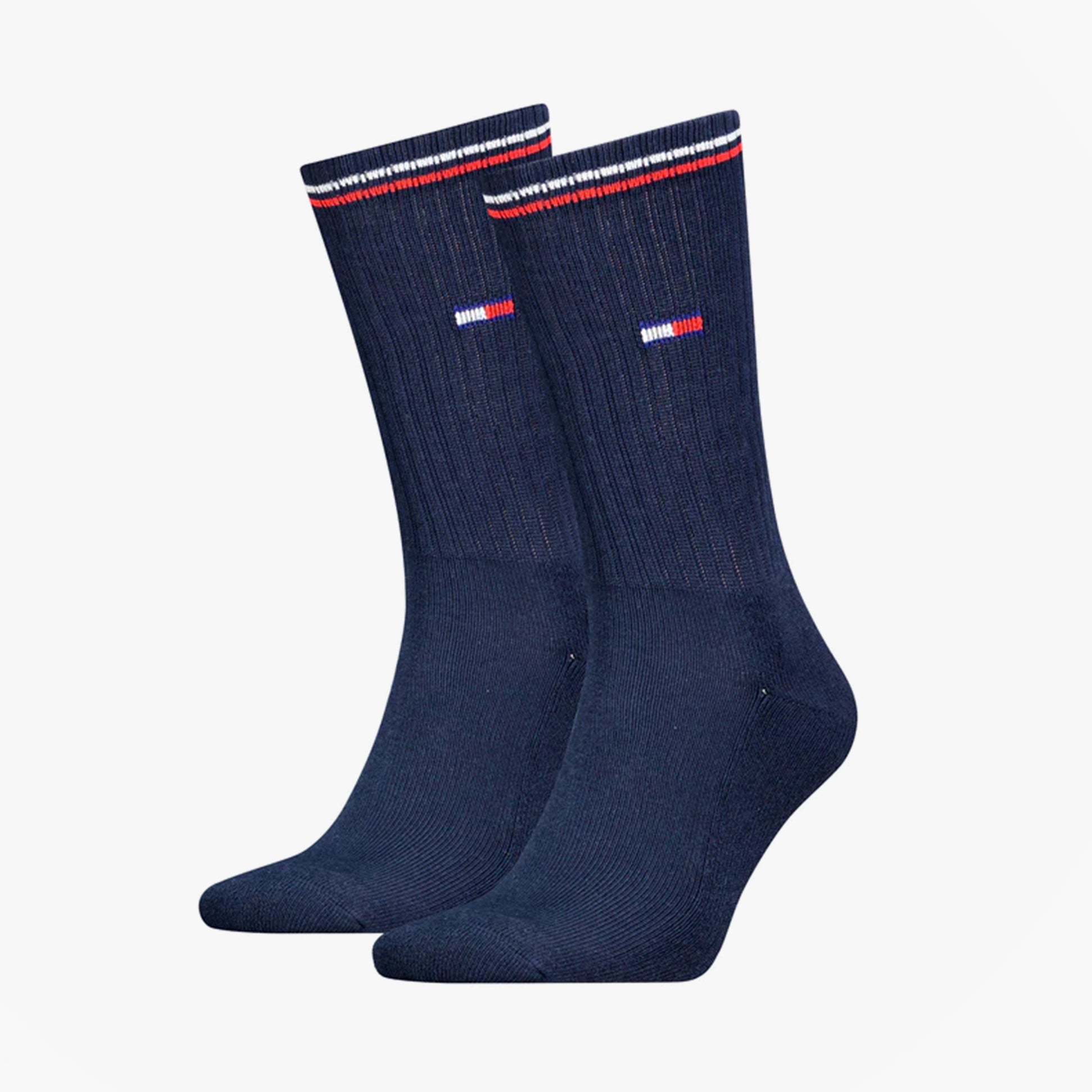 Tommy Hilfiger 2 Pack Trainer Mens Crew Socks Navy, front view showcasing soft cotton material and logo details.
