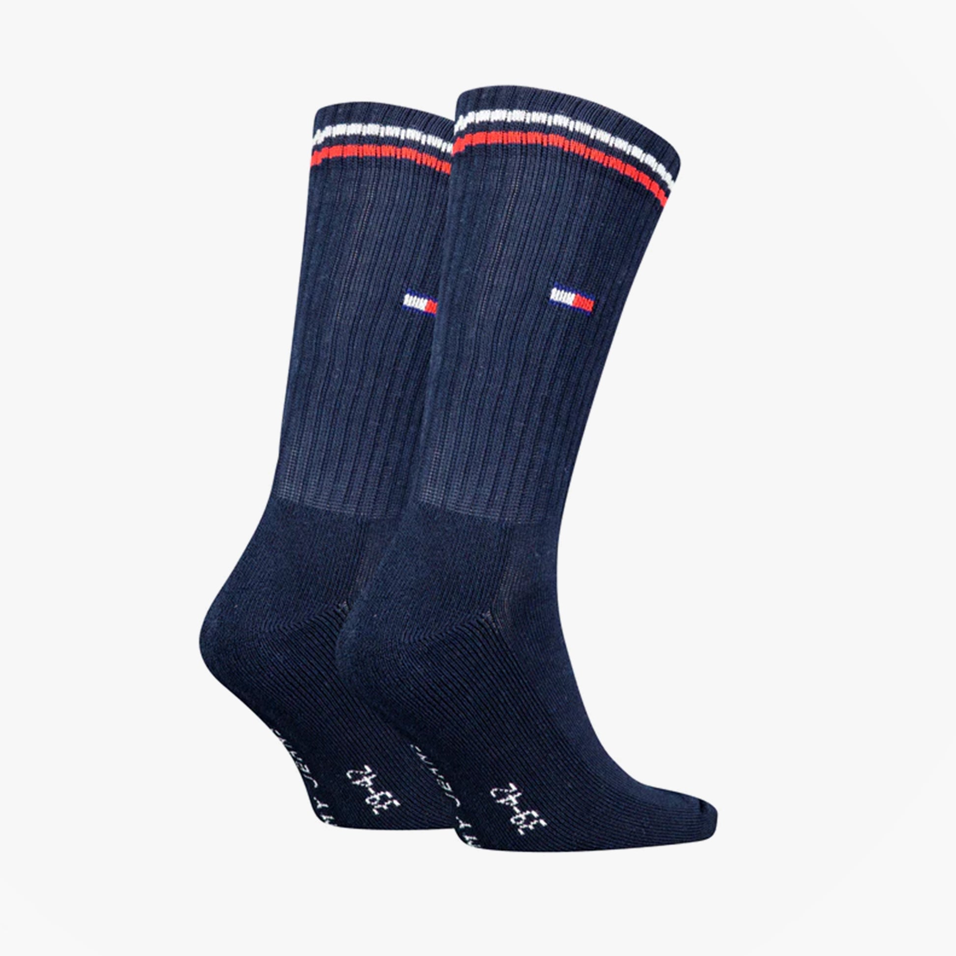 Tommy Hilfiger 2 Pack Trainer Mens Crew Socks Navy side view with contrasting stripes and logo detail.