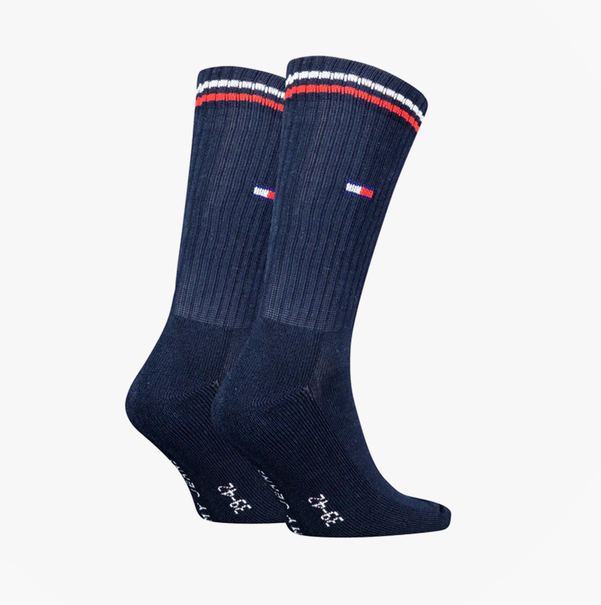 Tommy Hilfiger 2 Pack Trainer Mens Crew Socks Navy side view with contrasting stripes and logo detail.
