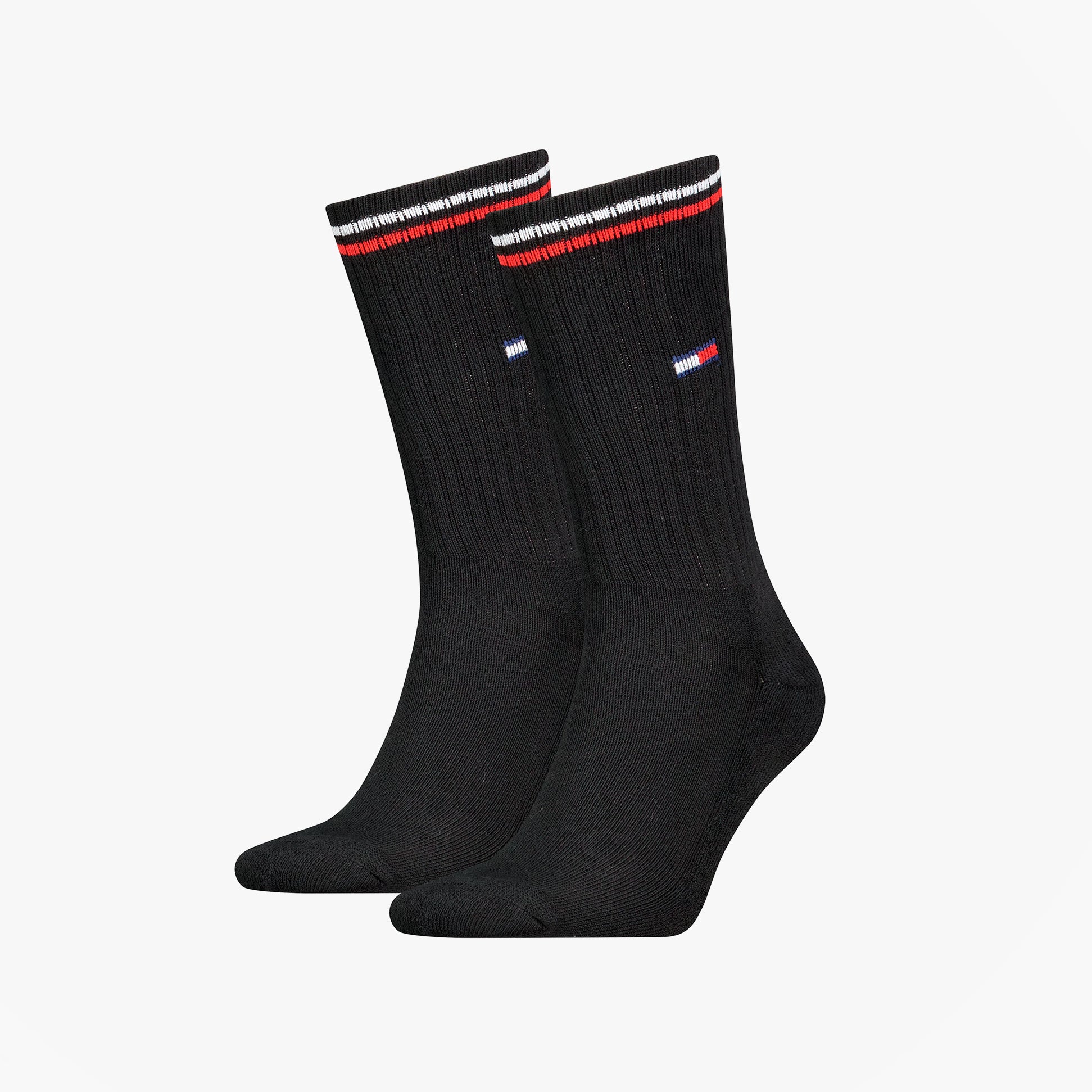 Tommy Hilfiger 2 Pack Trainer Mens Crew Socks Black side view showcasing black fabric and red-striped design.