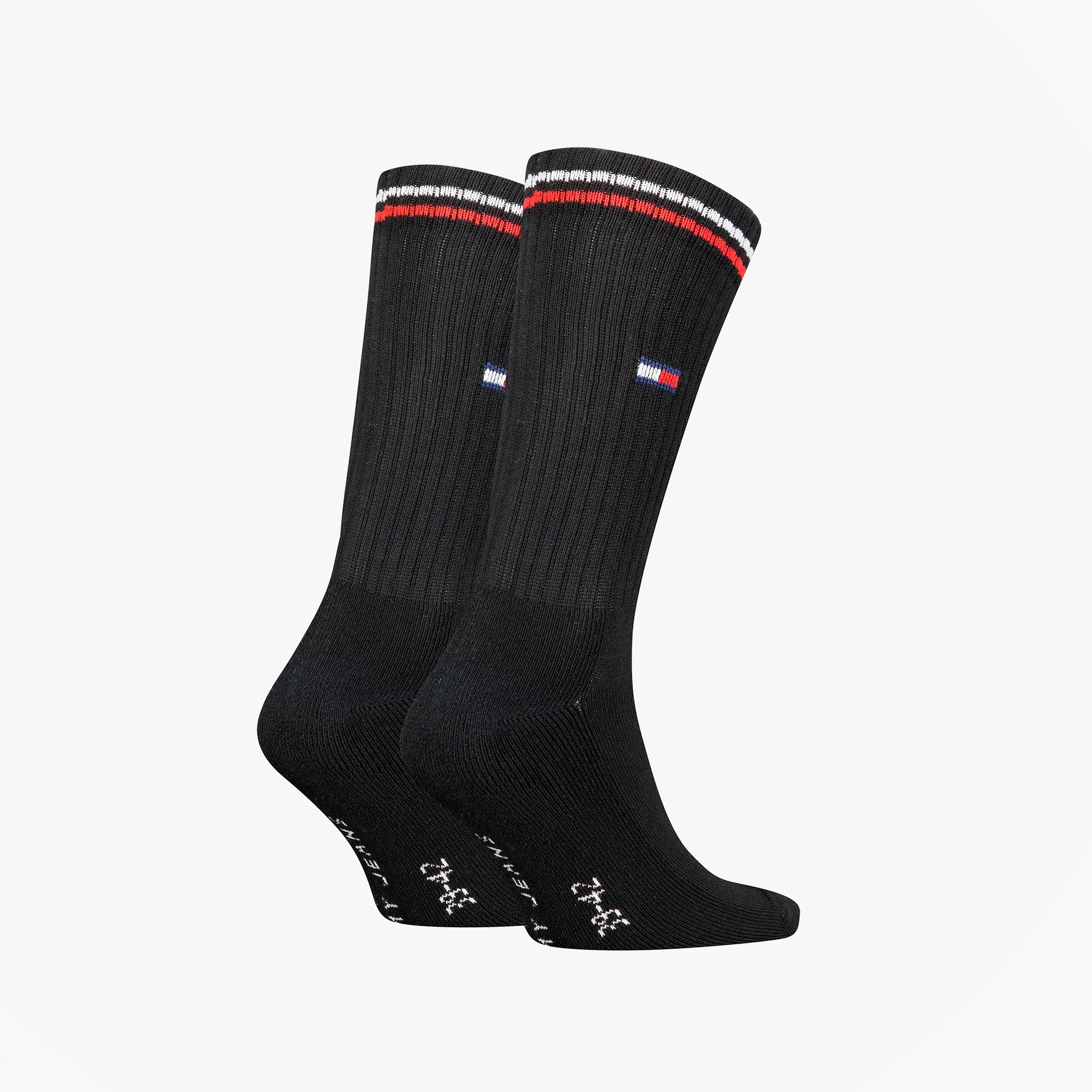 Tommy Hilfiger 2 Pack Trainer Mens Crew Socks Black side view showing ribbed design and logo details.