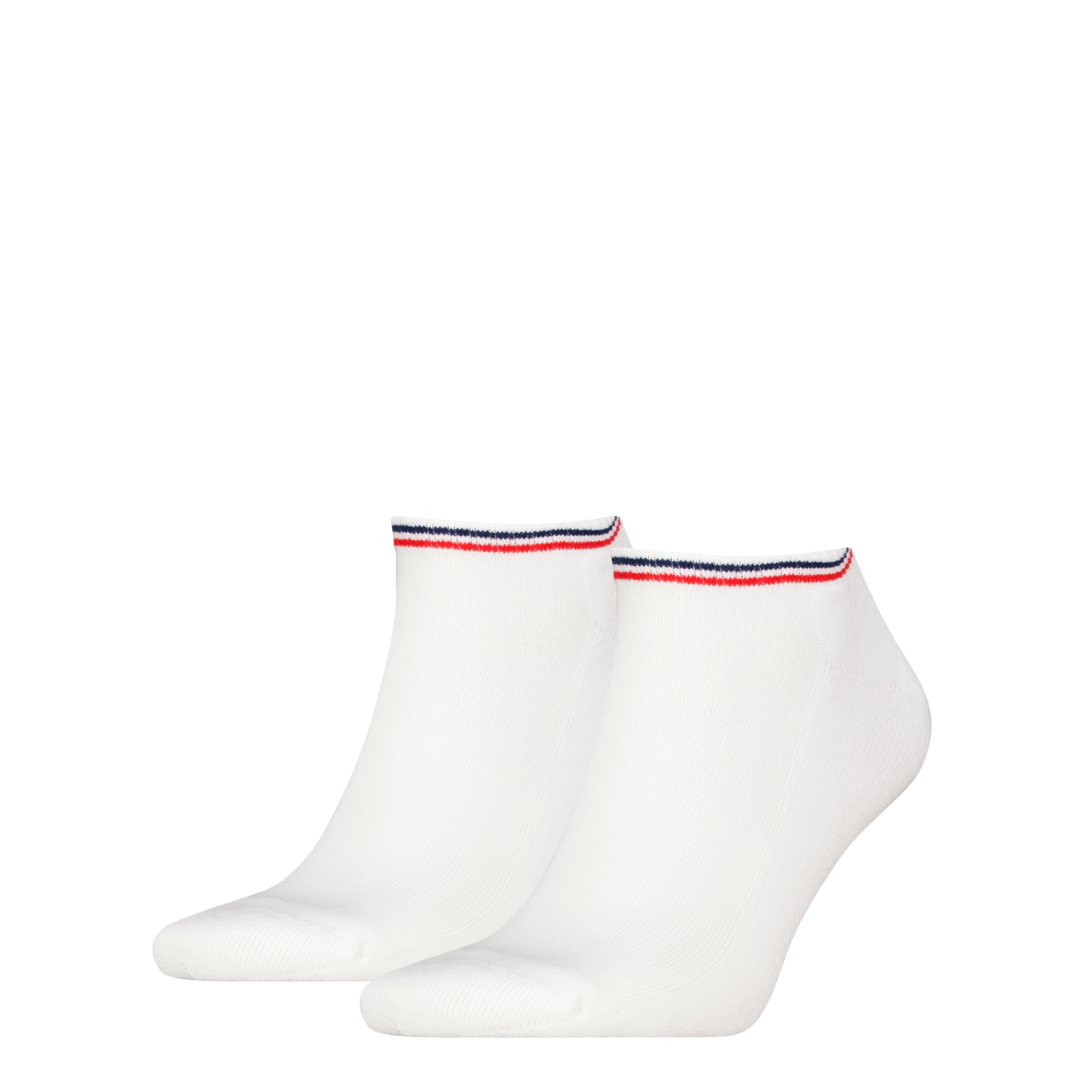 Tommy Hilfiger 2 Pack Trainer Mens Ankle Socks White, front view showing two pairs with colorful cuffs.