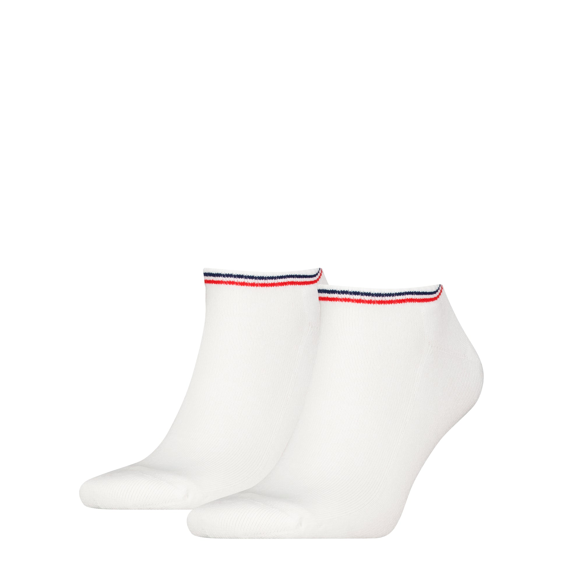 Tommy Hilfiger 2 Pack Trainer Mens Ankle Socks White, front view showing two pairs with colorful cuffs.