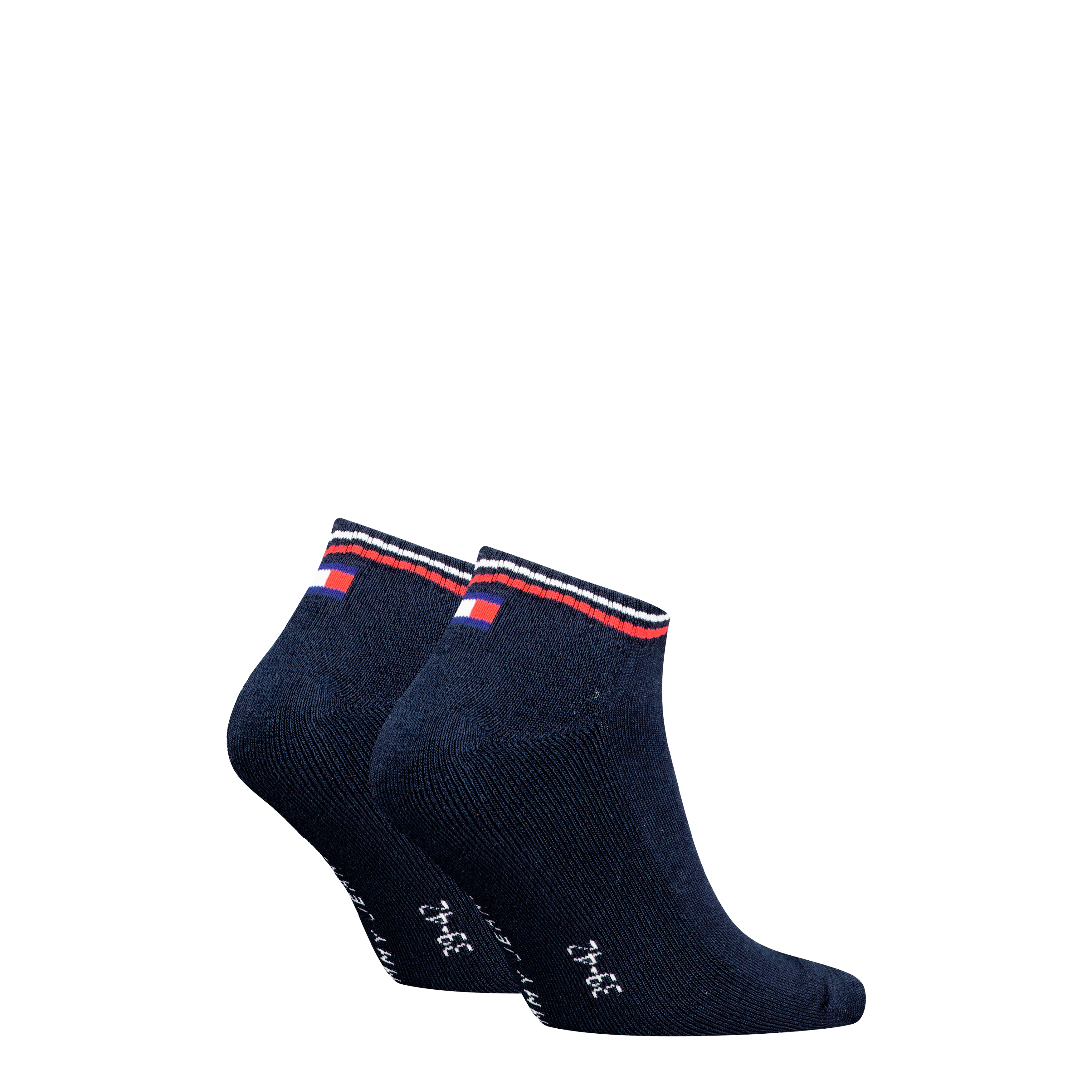 Tommy Hilfiger 2 Pack Trainer Mens Ankle Socks Navy, side view showcasing the navy ankle socks with colored stripe.