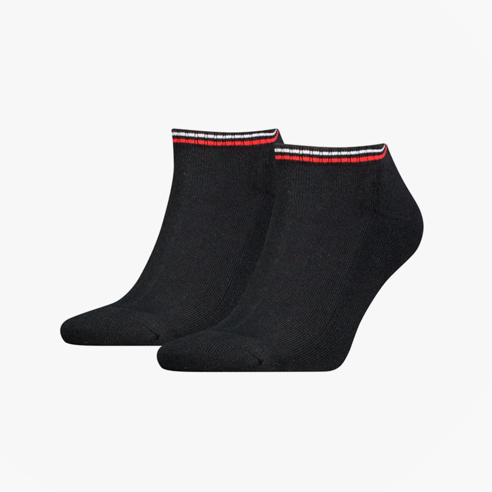 Tommy Hilfiger 2 Pack Trainer Mens Ankle Socks Black side view, showing two black ankle socks with contrast stripes.