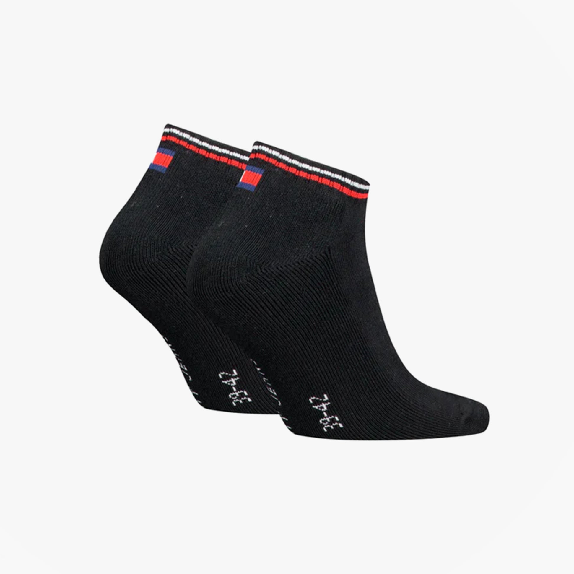 Tommy Hilfiger 2 Pack Trainer Mens Ankle Socks Black side view showing the design and ankle height.
