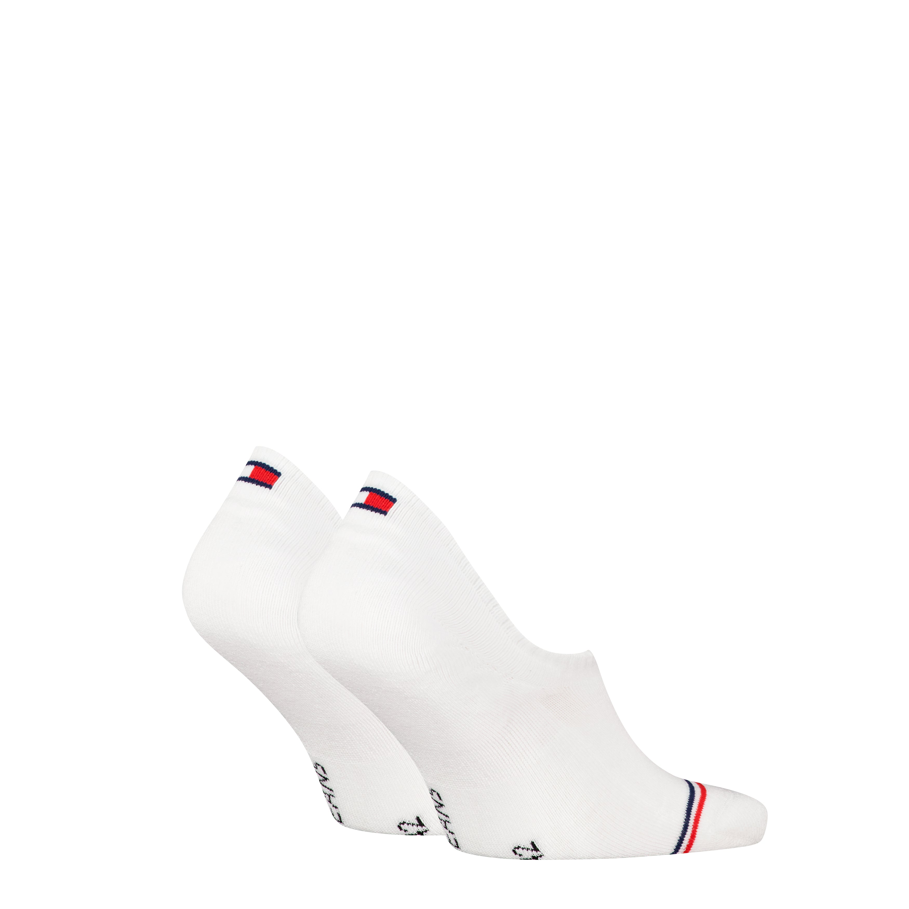 Tommy Hilfiger 2 Pack Trainer Mens Invisible Socks White side view showing two pairs with logo detail.