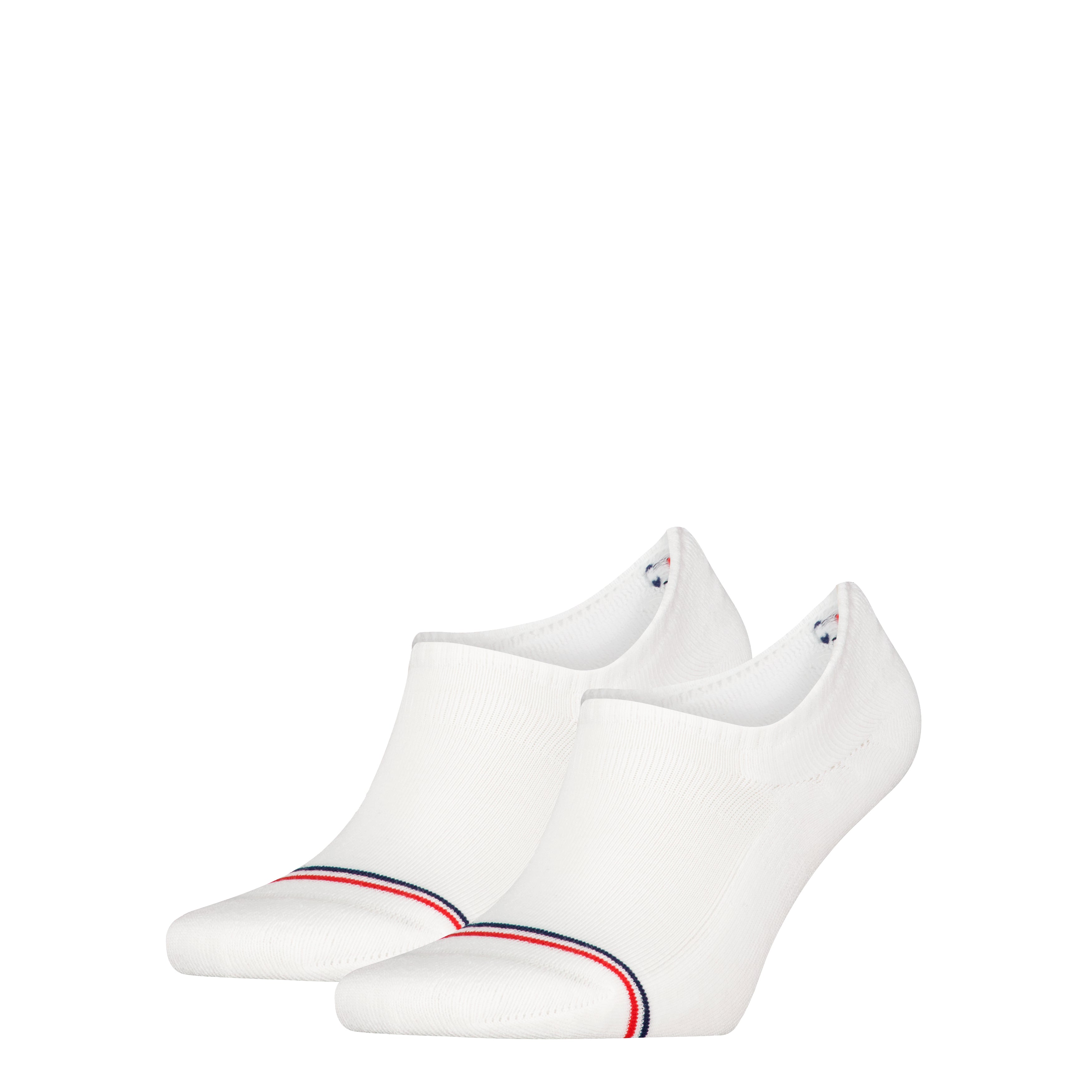 Tommy Hilfiger 2 Pack Trainer Mens Invisible Socks White, front view showcasing soft design with red and blue detailing.