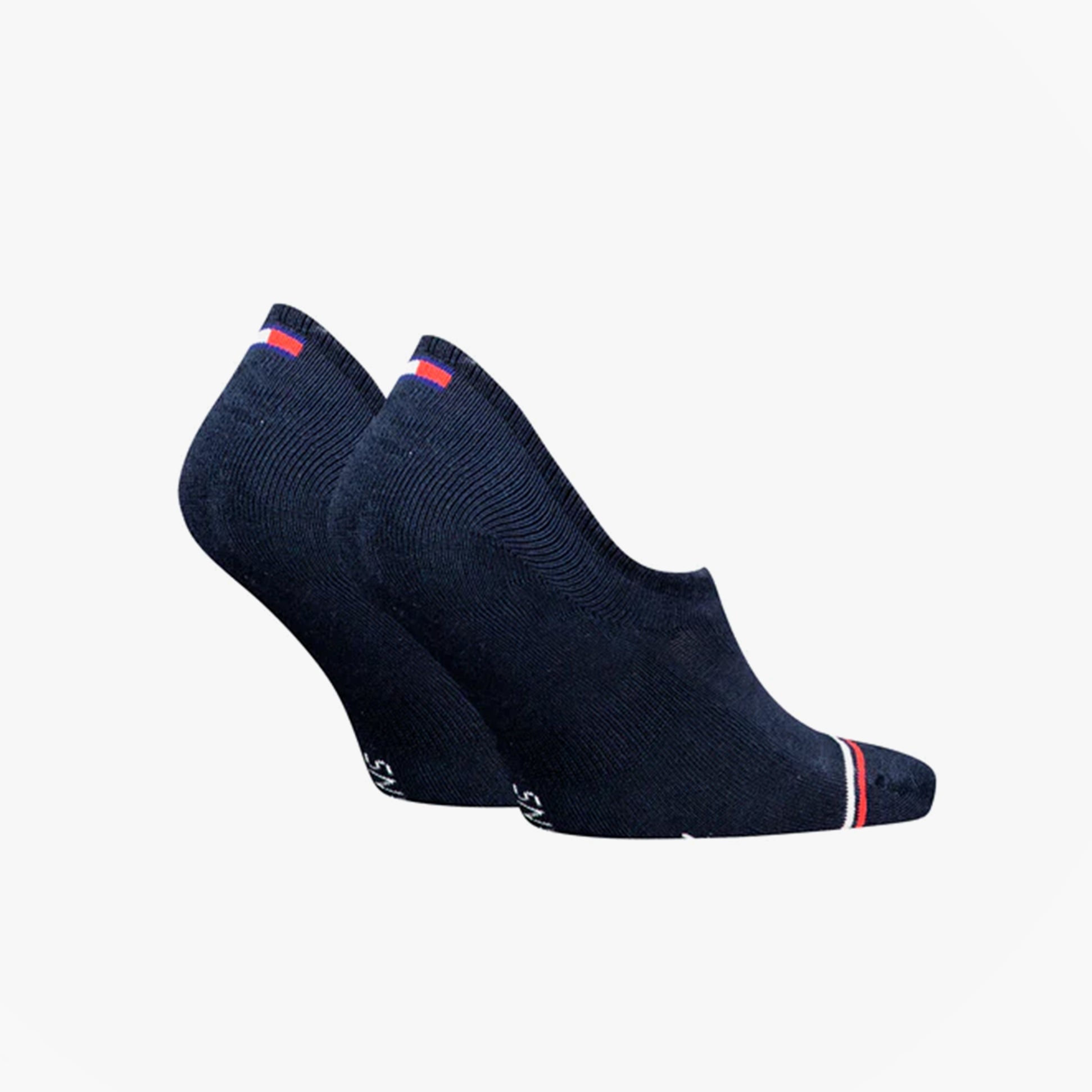 Tommy Hilfiger 2 Pack Trainer Mens Invisible Socks Navy side view showing two pairs with contrast logo and color details.