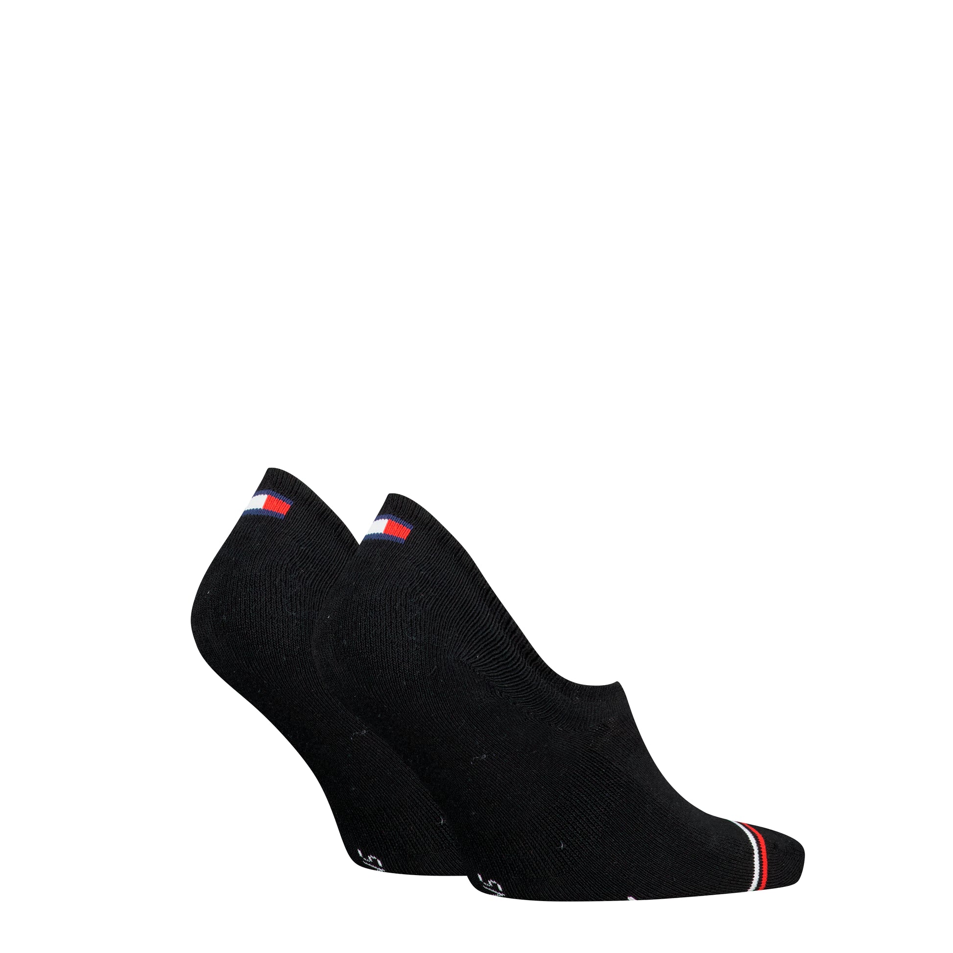 Tommy Hilfiger 2 Pack Trainer Mens Invisible Socks Black side view, showcasing soft cotton blend and iconic logo.