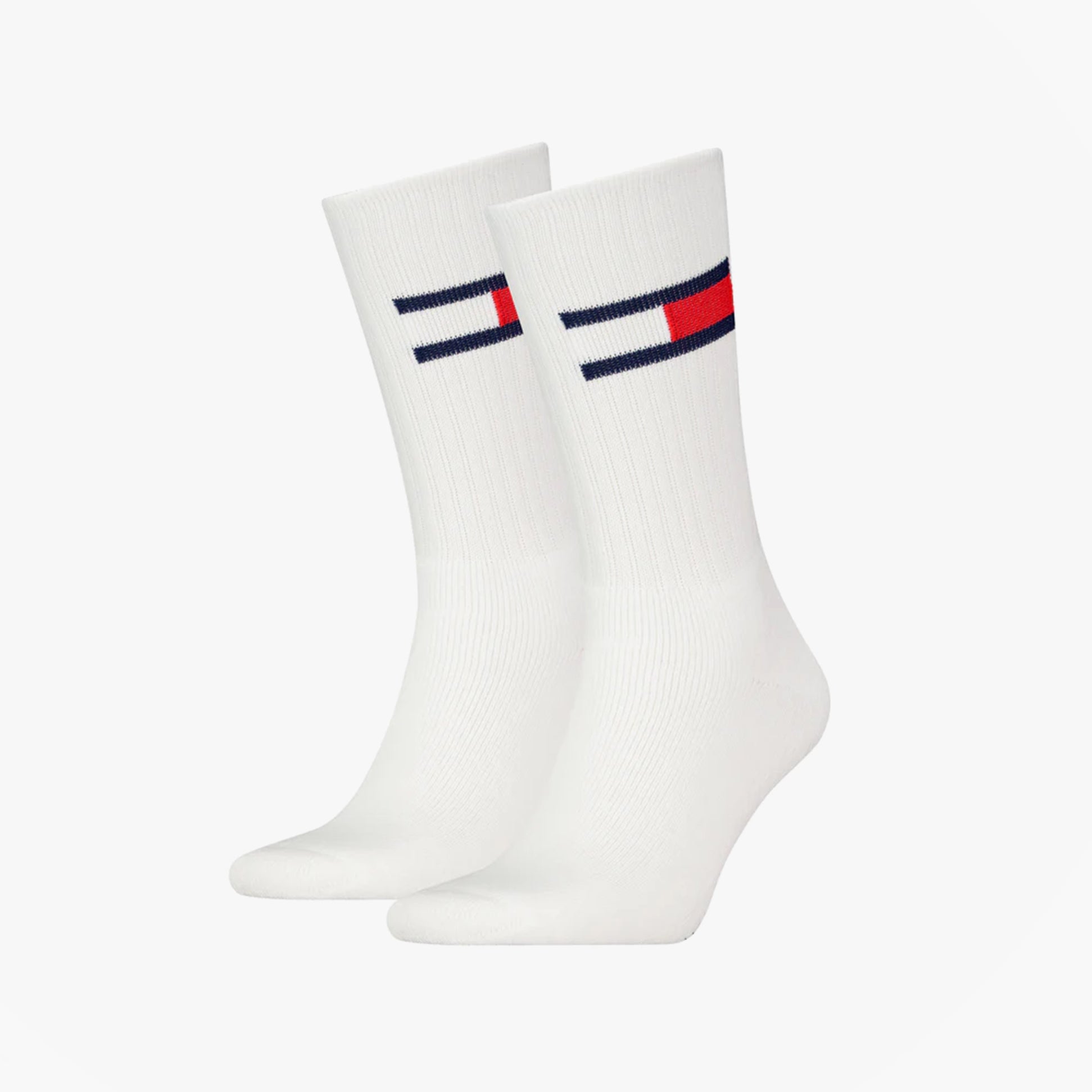 Tommy Hilfiger 2 Pack Trainer Flag Mens Crew Socks White front view showing logo design and color details.