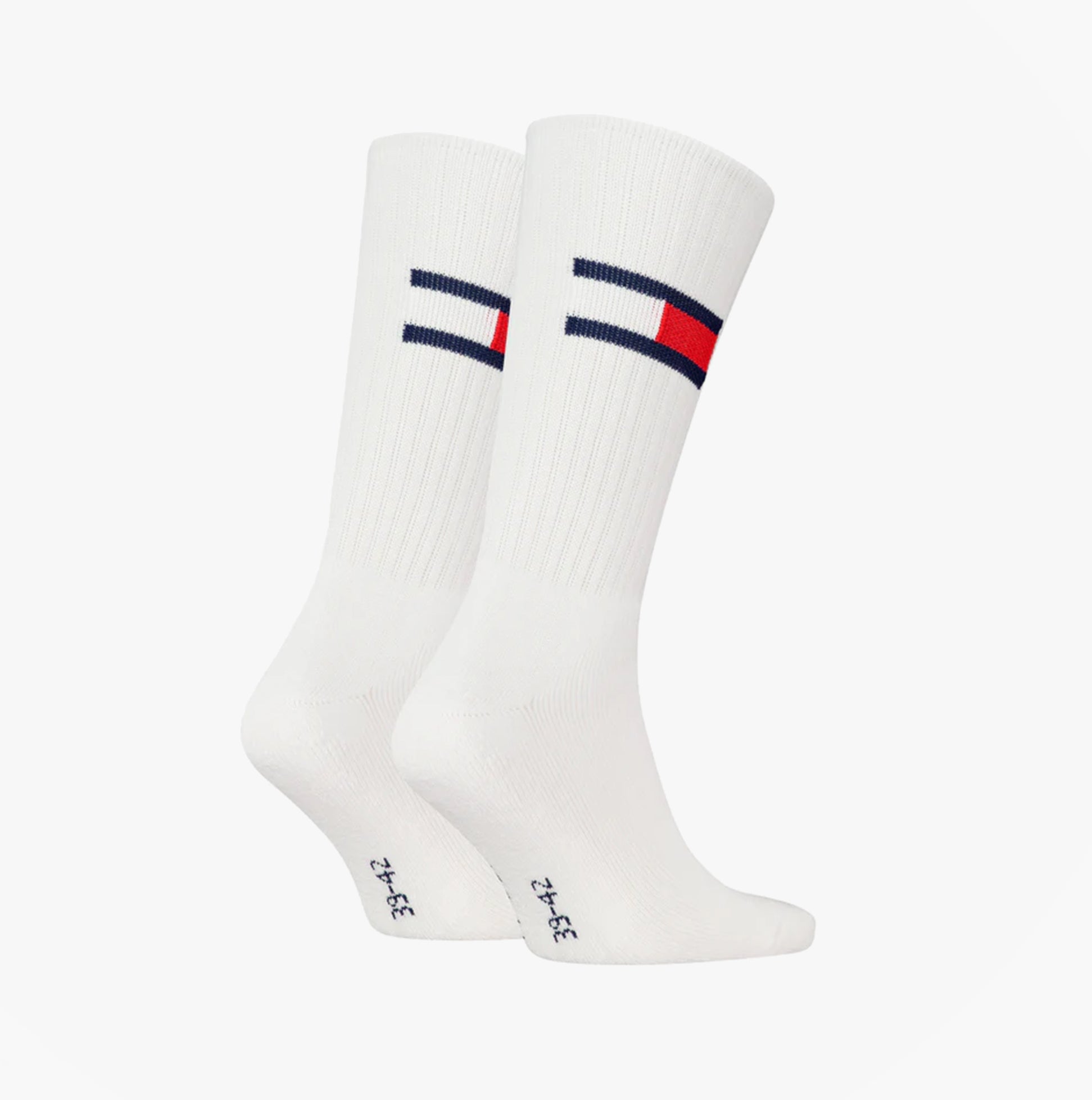 Tommy Hilfiger 2 Pack Trainer Flag Mens Crew Socks White front view showcasing the brand logo detail.