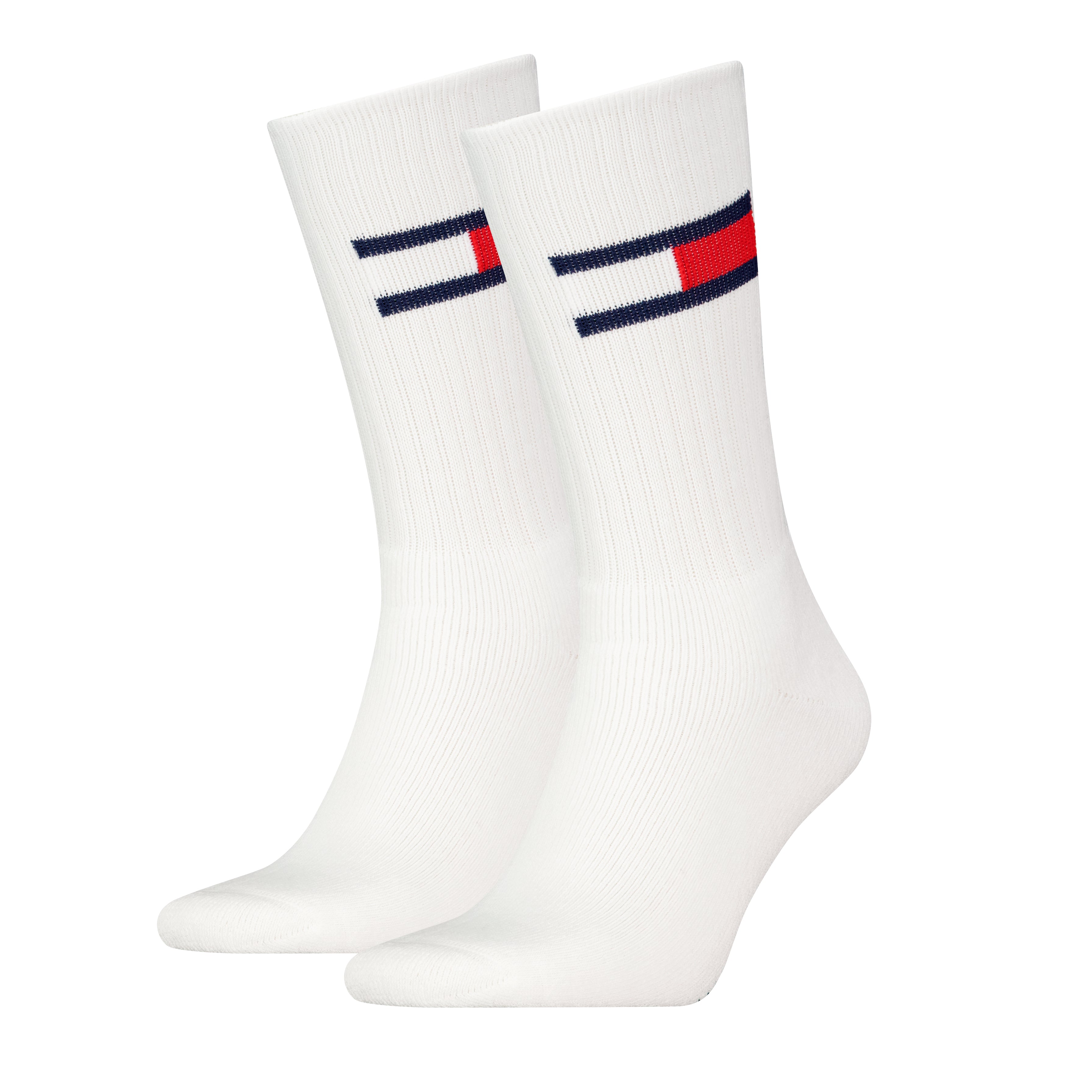 Tommy Hilfiger 2 Pack Trainer Flag Mens Crew Socks White front view, showcasing the iconic logo and ribbed design.