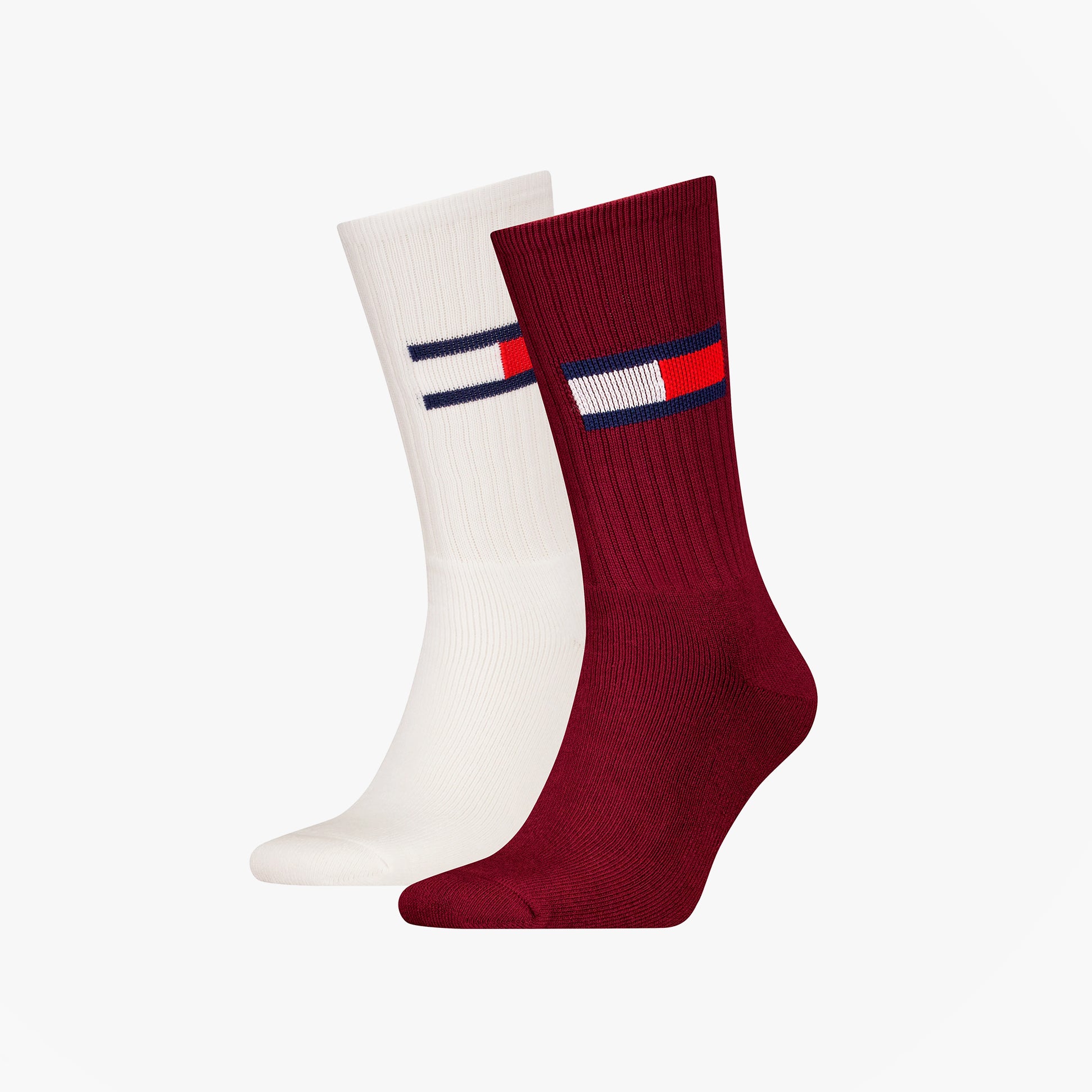 Tommy Hilfiger 2 Pack Trainer Flag Mens Crew Socks Burgundy showing front view of burgundy and white socks.