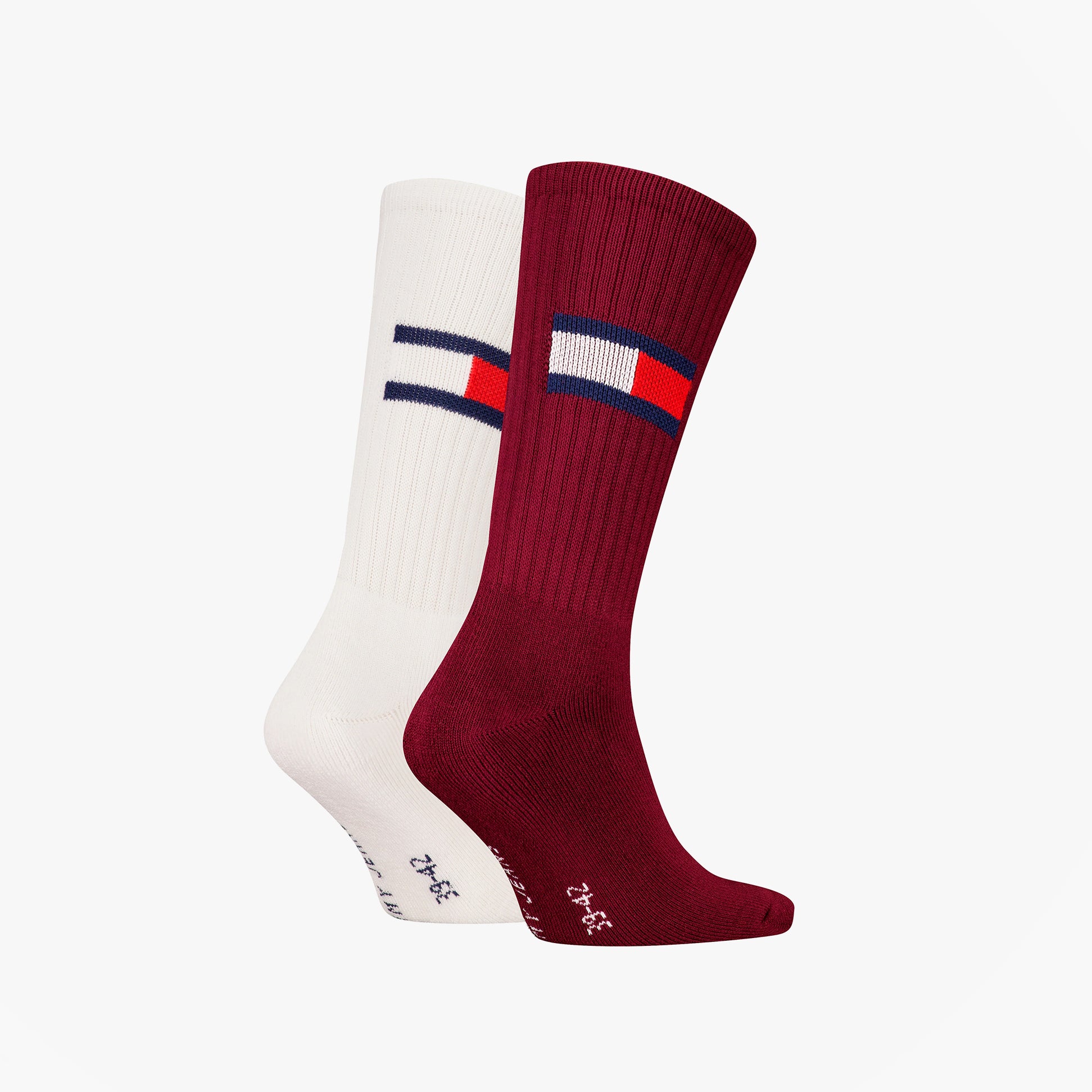 Tommy Hilfiger 2 Pack Trainer Flag Mens Crew Socks Burgundy, side view showing burgundy and white socks with logo.