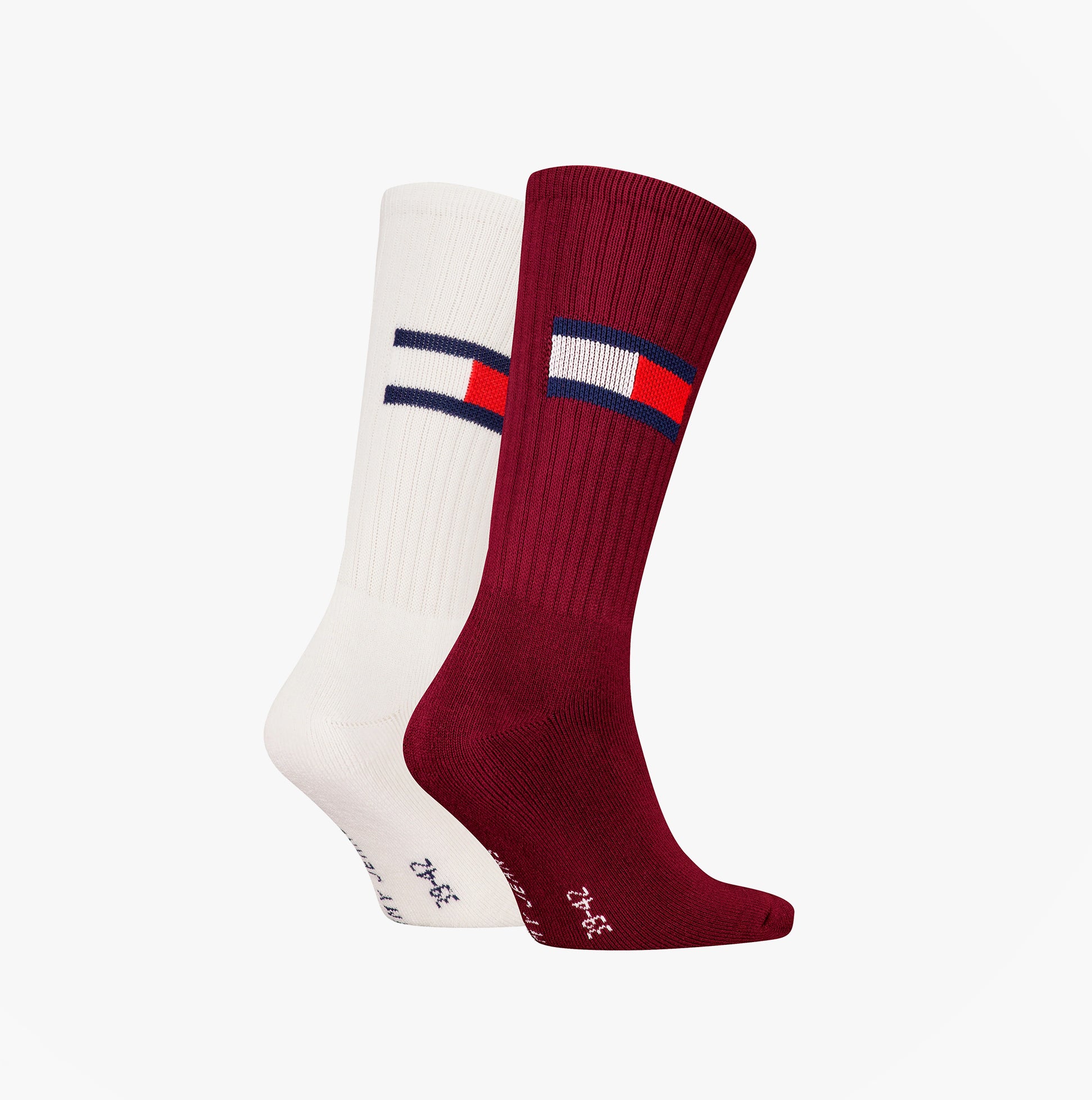 Tommy Hilfiger 2 Pack Trainer Flag Mens Crew Socks Burgundy, side view showing burgundy and white socks with logo.