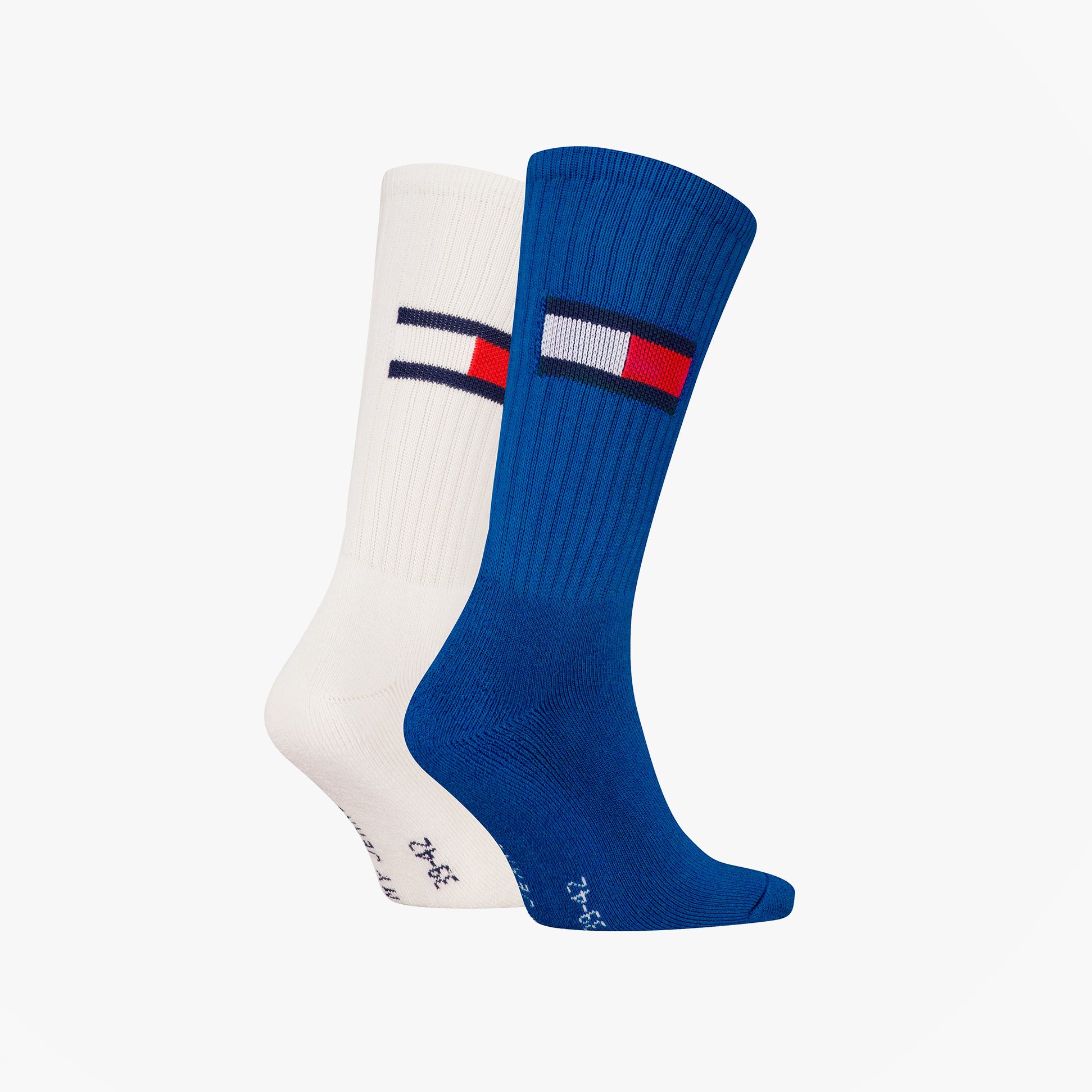 Tommy Hilfiger 2 Pack Trainer Flag Mens Crew Socks Blue/White, side view showing blue and white socks design.