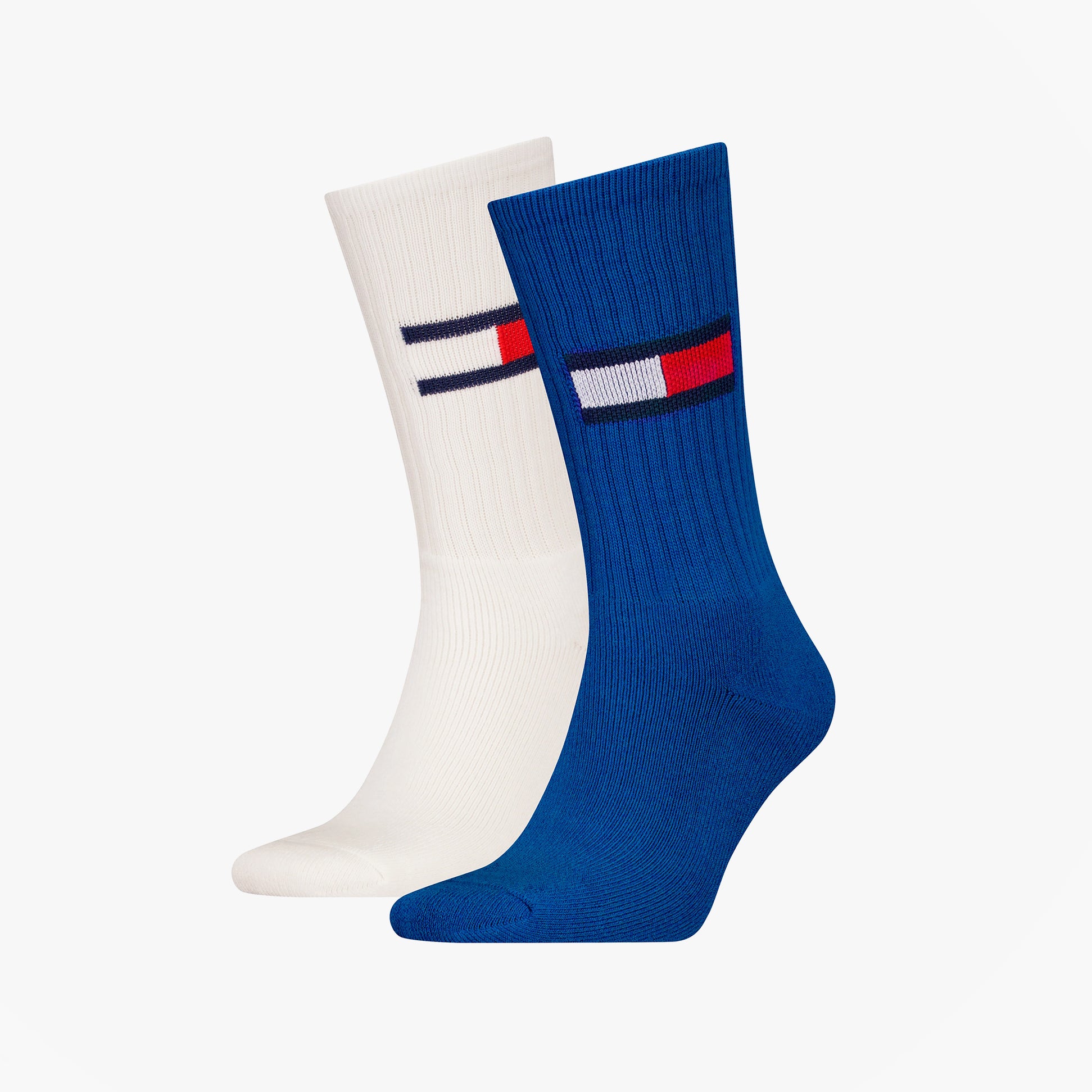 Tommy Hilfiger 2 Pack Trainer Flag Mens Crew Socks Blue/White front view showcasing blue and white socks with logo.