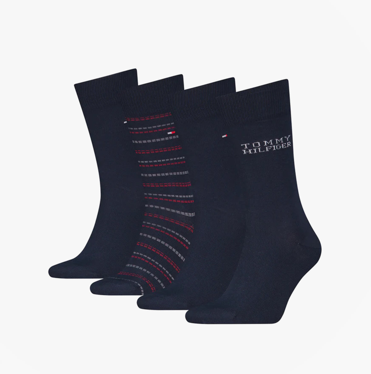 Tommy Hilfiger 4 Pack Giftboxed Classic Mens Crew Socks Navy front view showcasing solid and patterned designs.