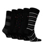 Tommy Hilfiger 5 Pack Giftboxed Classic Mens Crew Socks Black side view showcasing assorted sock designs.