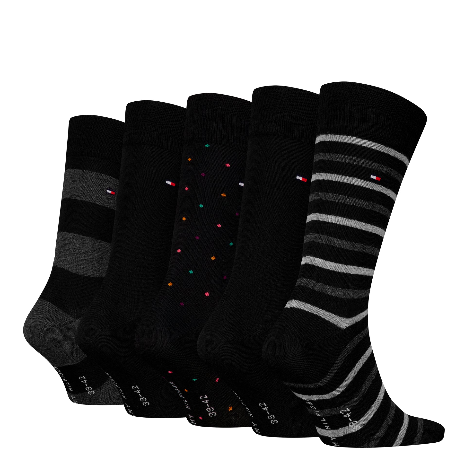 Tommy Hilfiger 5 Pack Giftboxed Classic Mens Crew Socks Black side view showcasing assorted sock designs.