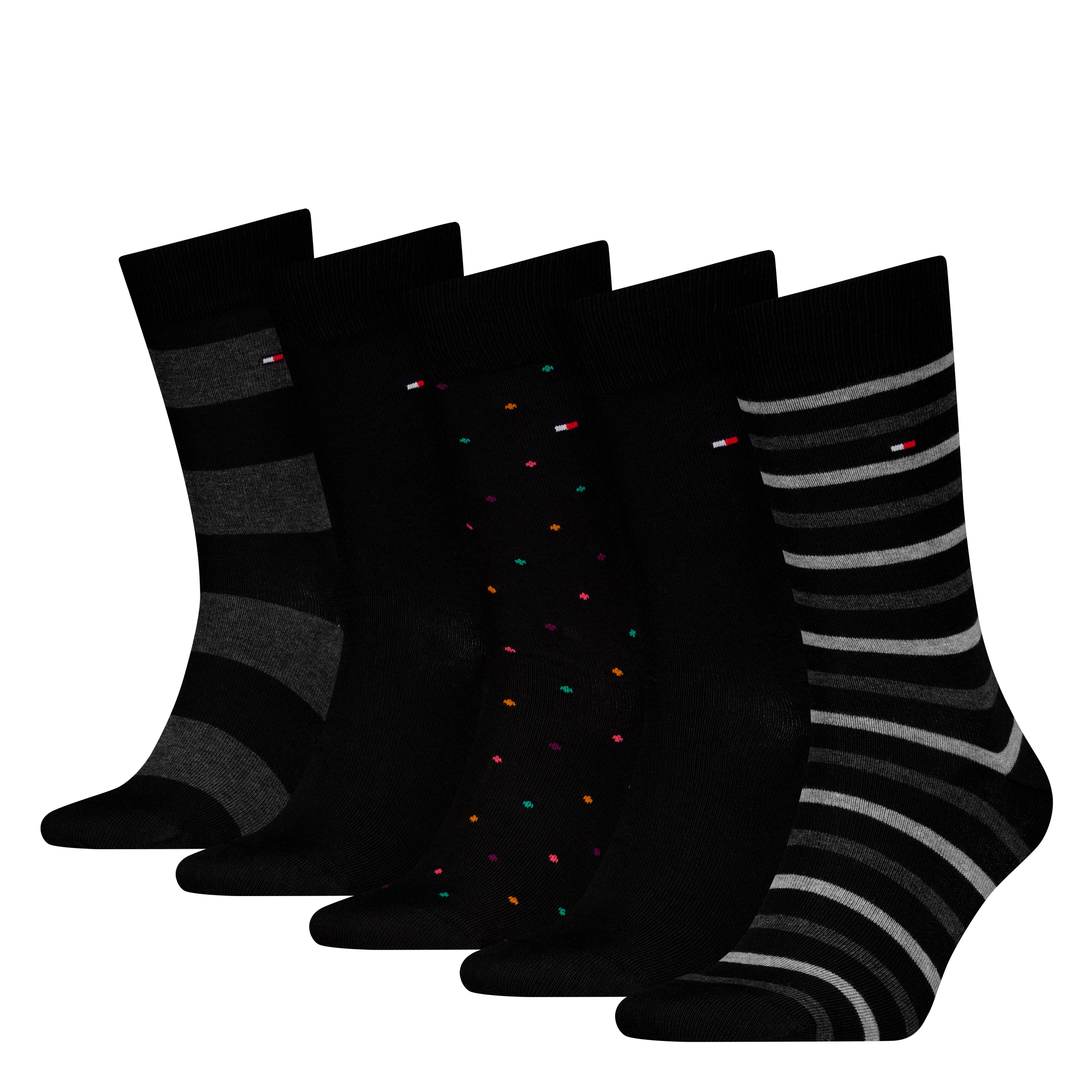 Tommy Hilfiger 5 Pack Giftboxed Classic Mens Crew Socks Black, featuring striped and patterned designs, side view display.