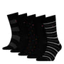 Tommy Hilfiger 5 Pack Giftboxed Classic Mens Crew Socks Black, featuring striped and patterned designs, side view display.