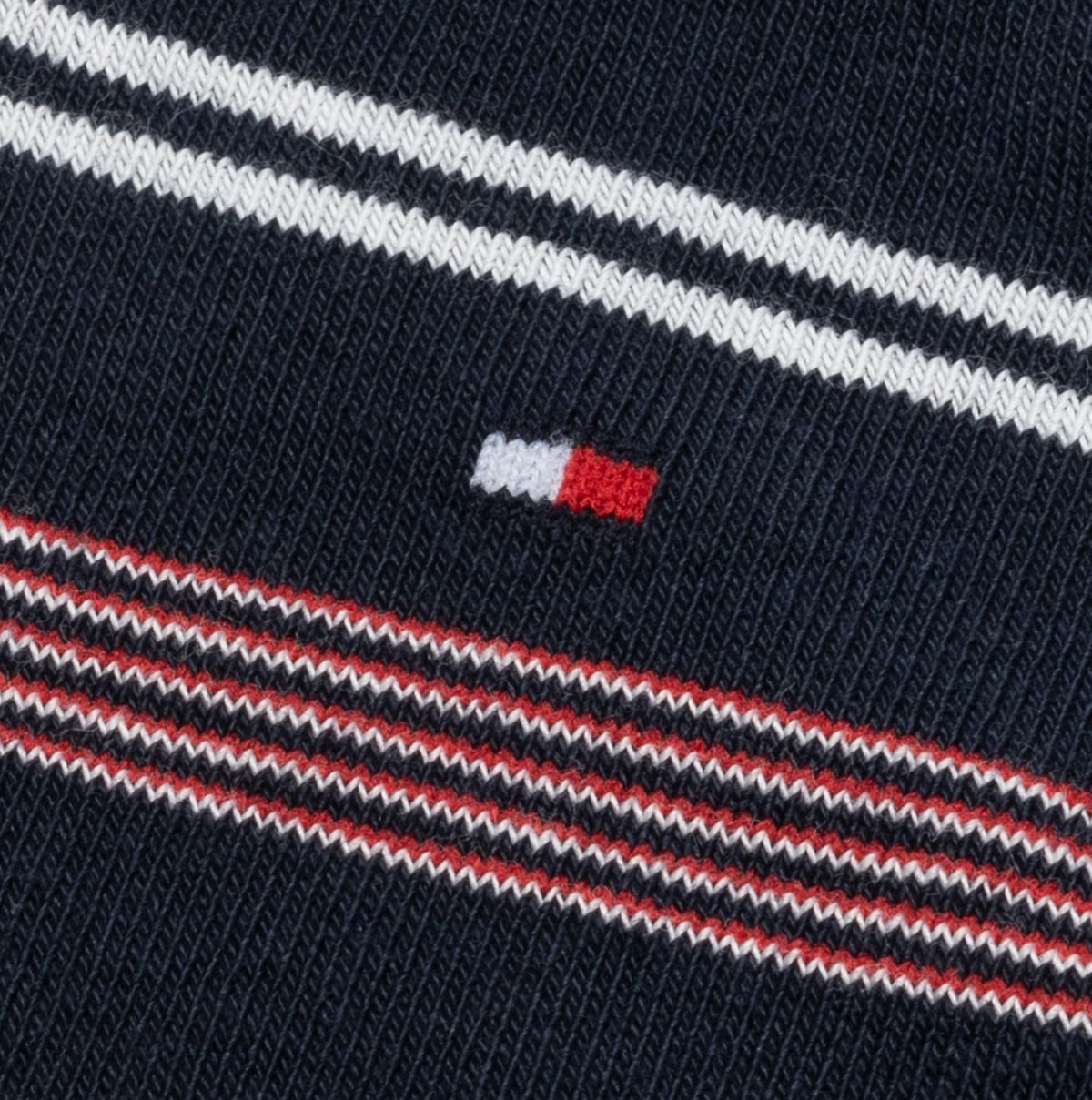 Tommy Hilfiger 3 Pack Giftboxed Classic Mens Crew Socks Navy detail view showing logo and striped pattern.