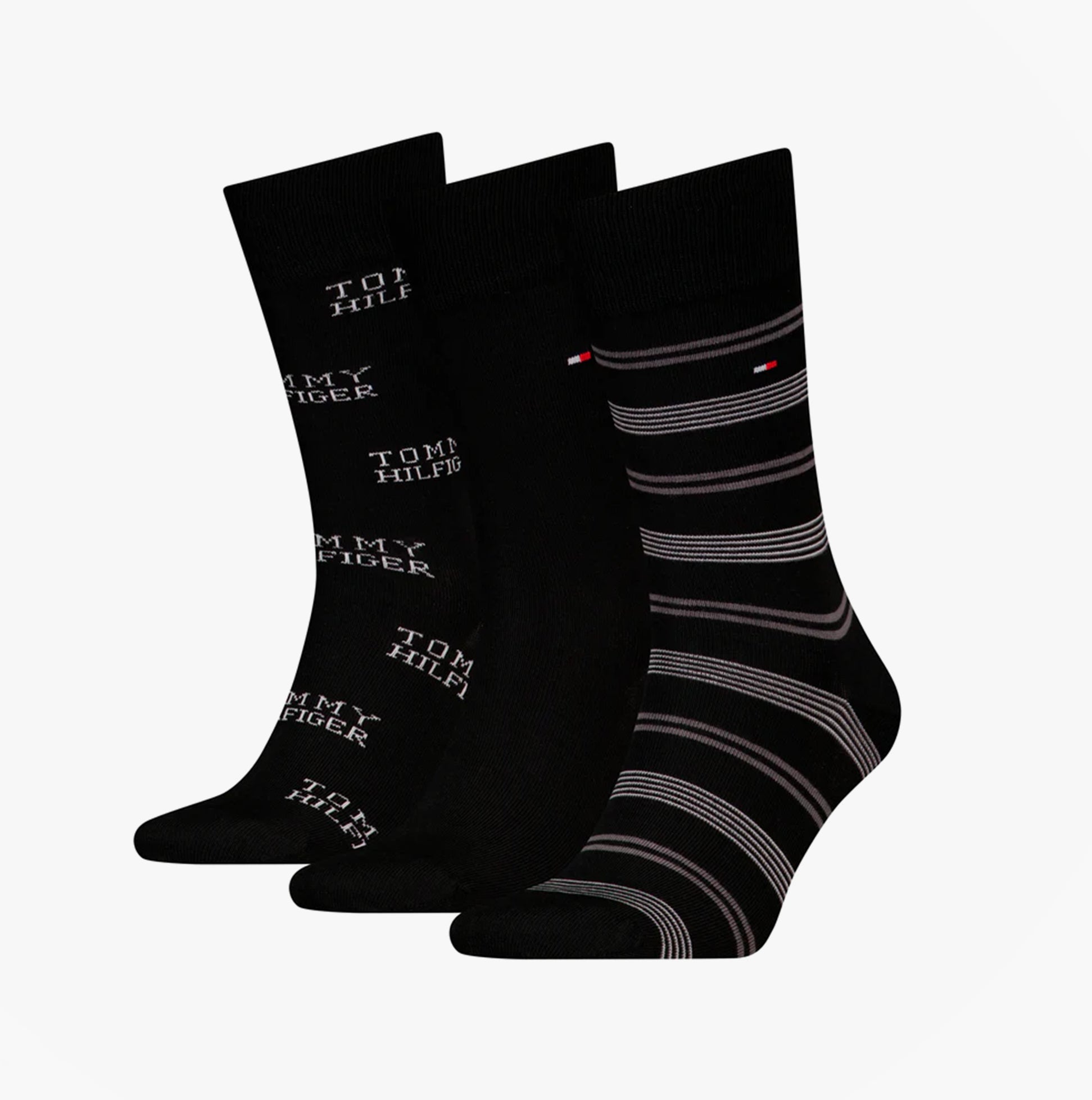 Tommy Hilfiger 3 Pack Giftboxed Classic Mens Crew Socks Black, showing three styles including logo and striped designs.