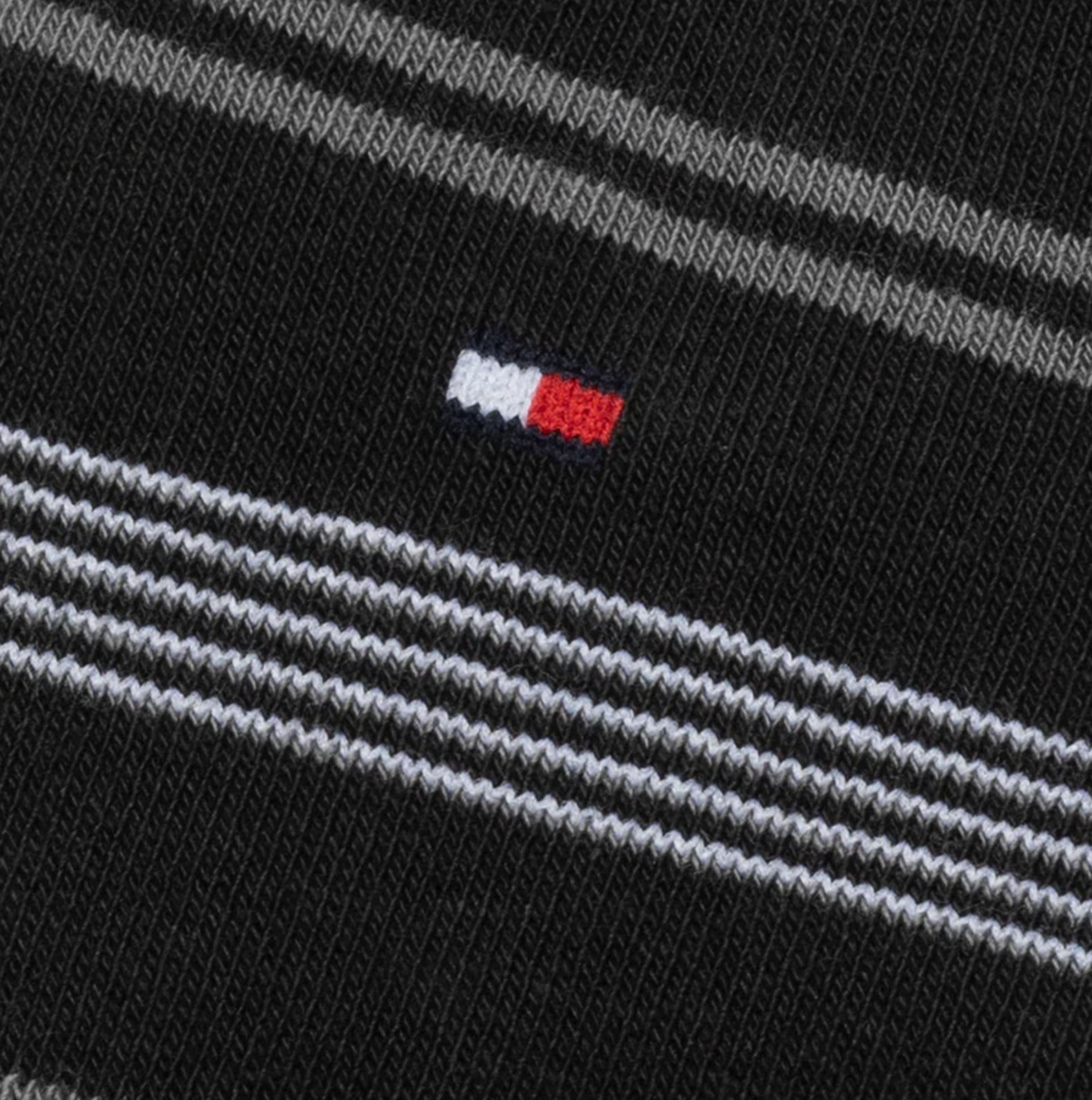 Tommy Hilfiger 3 Pack Giftboxed Classic Mens Crew Socks Black detail view of logo and stripes.