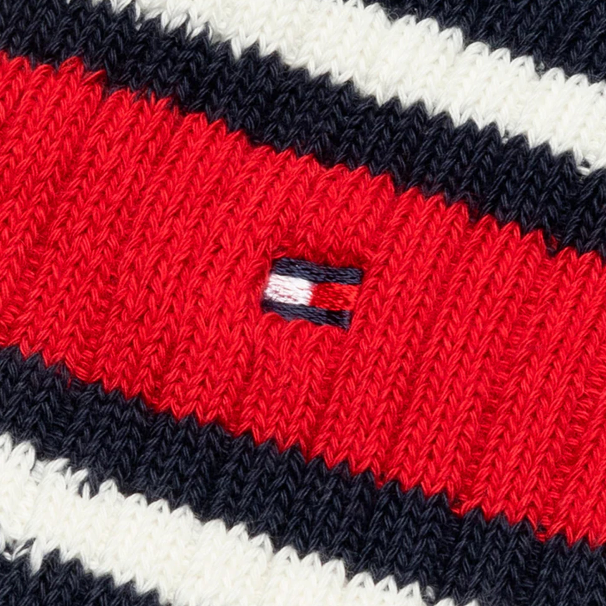 Detail view of Tommy Hilfiger 3 Pack Giftboxed Classic Mens Crew Socks Navy featuring iconic logo and striped design