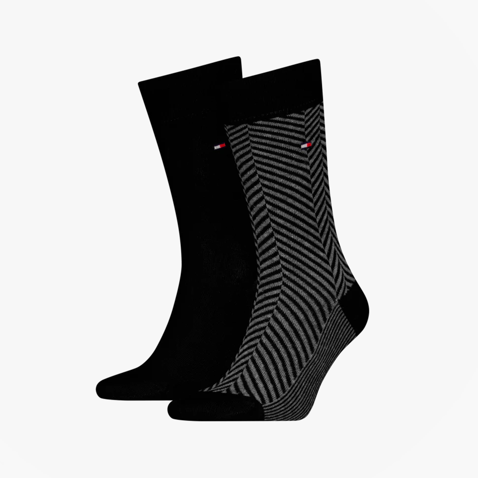 Tommy Hilfiger 2 Pack Classic Mens Crew Socks Black/Grey, front view displaying black and striped design.