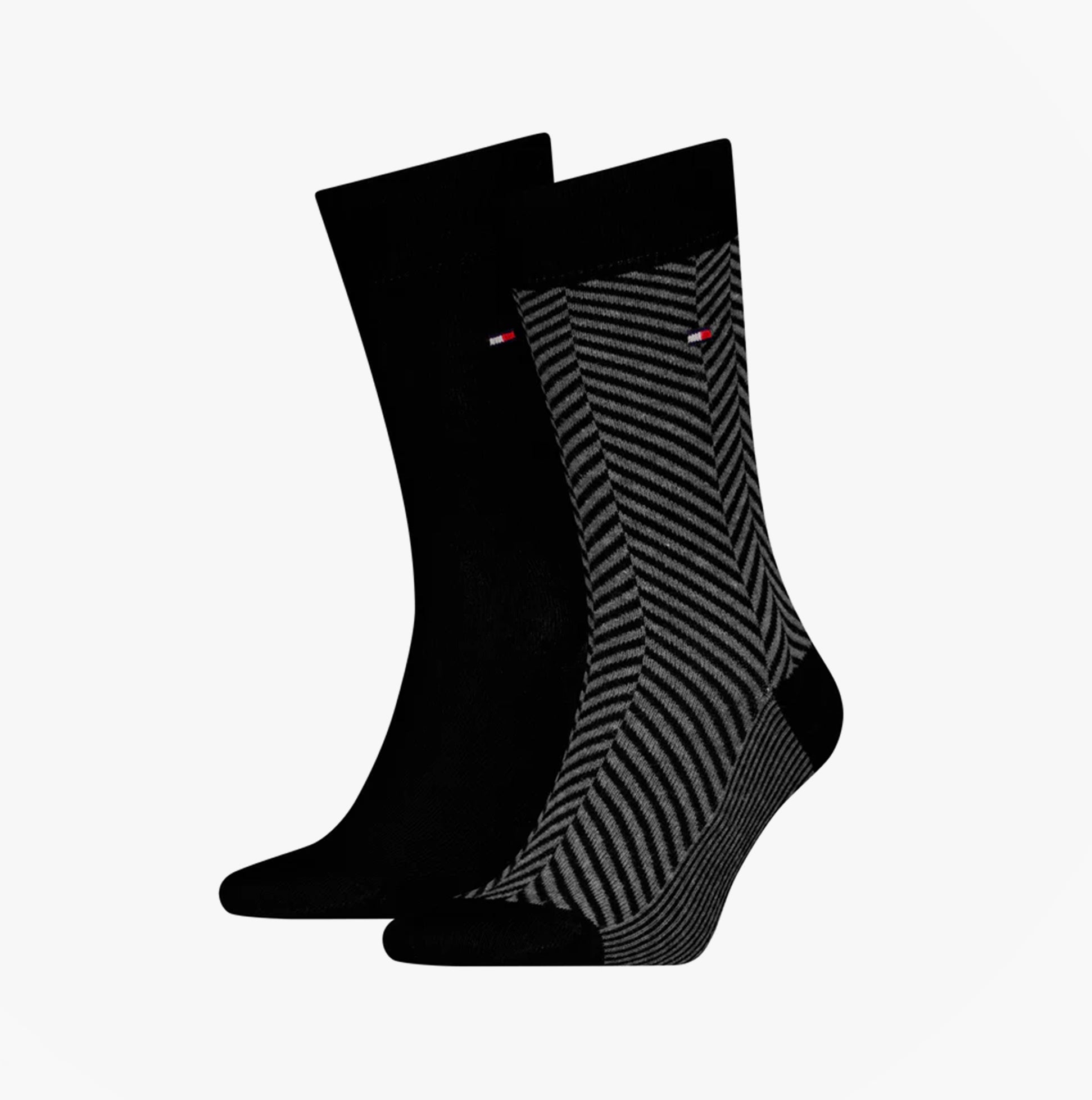 Tommy Hilfiger 2 Pack Classic Mens Crew Socks Black/Grey, front view displaying black and striped design.