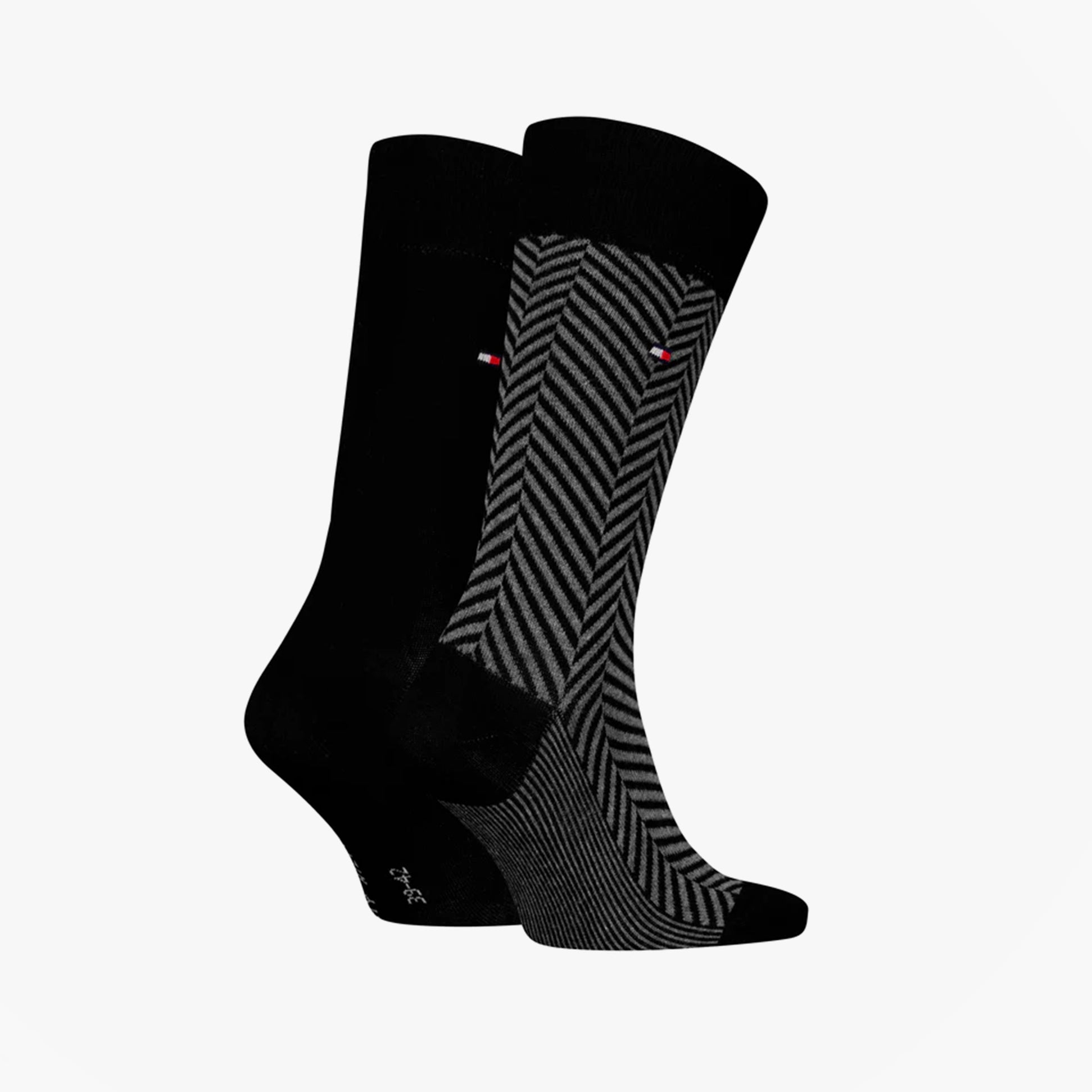 Tommy Hilfiger 2 Pack Classic Mens Crew Socks Black/Grey, side view showing both sock designs.