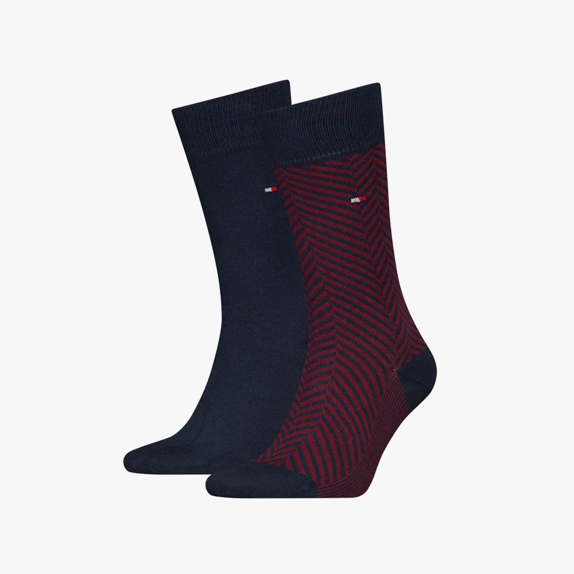 Tommy Hilfiger 2 Pack Classic Mens Crew Socks Navy side view featuring solid navy and striped design.