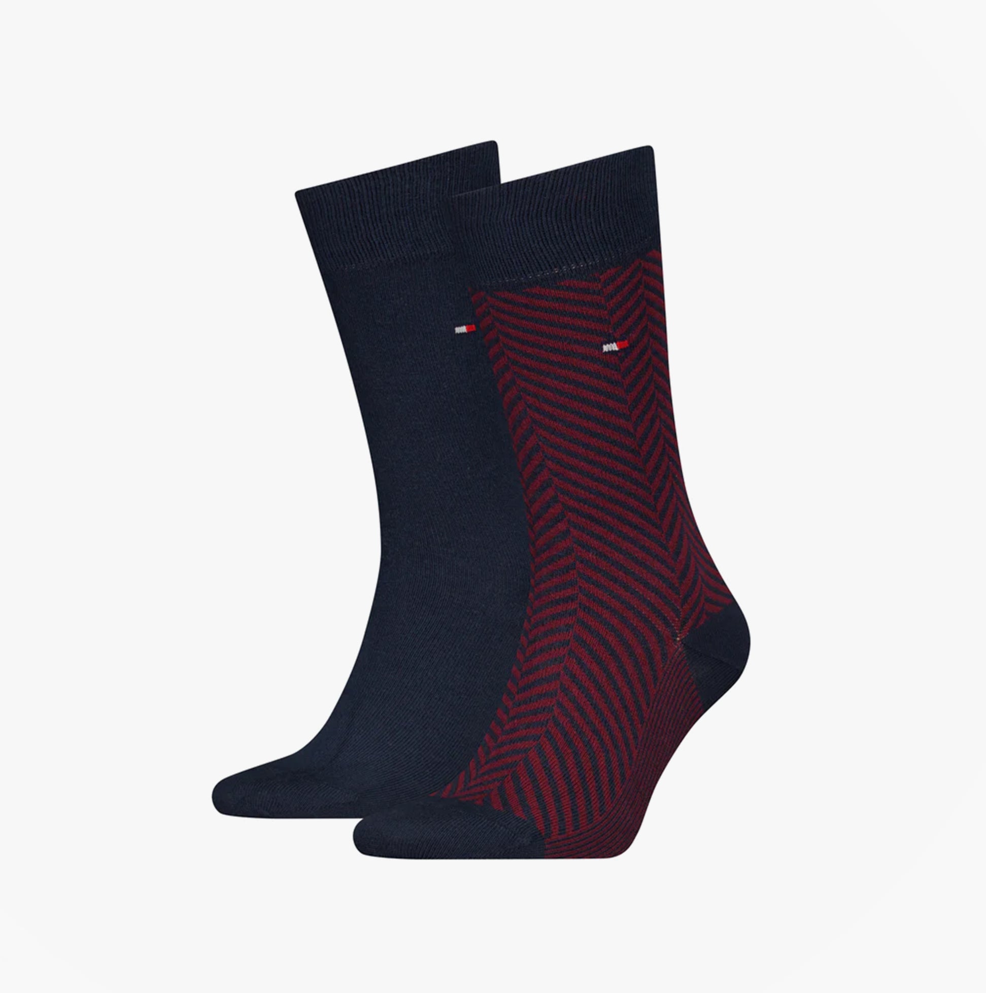 Tommy Hilfiger 2 Pack Classic Mens Crew Socks Navy side view featuring solid navy and striped design.