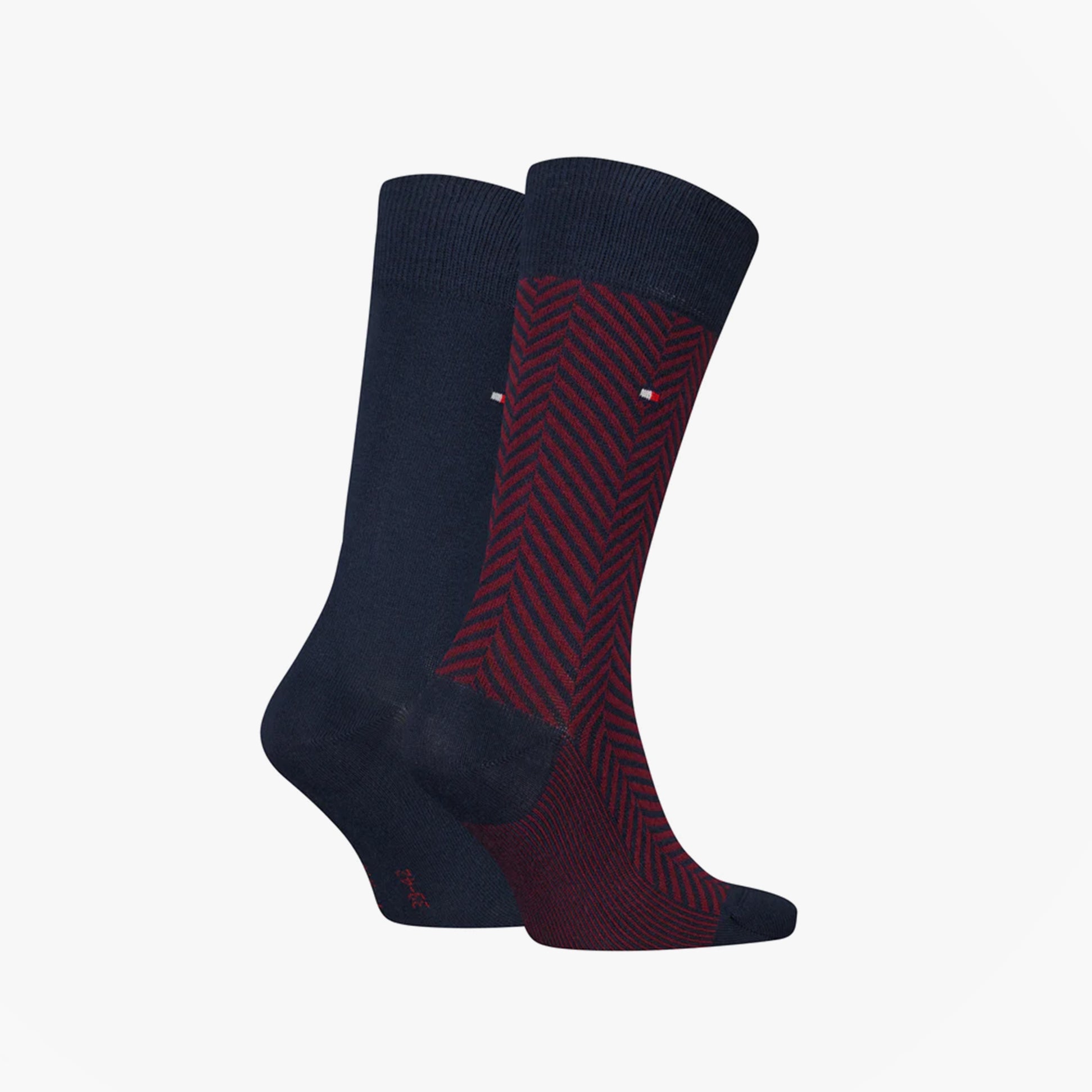 Tommy Hilfiger 2 Pack Classic Mens Crew Socks Navy side view showing navy and red striped designs.