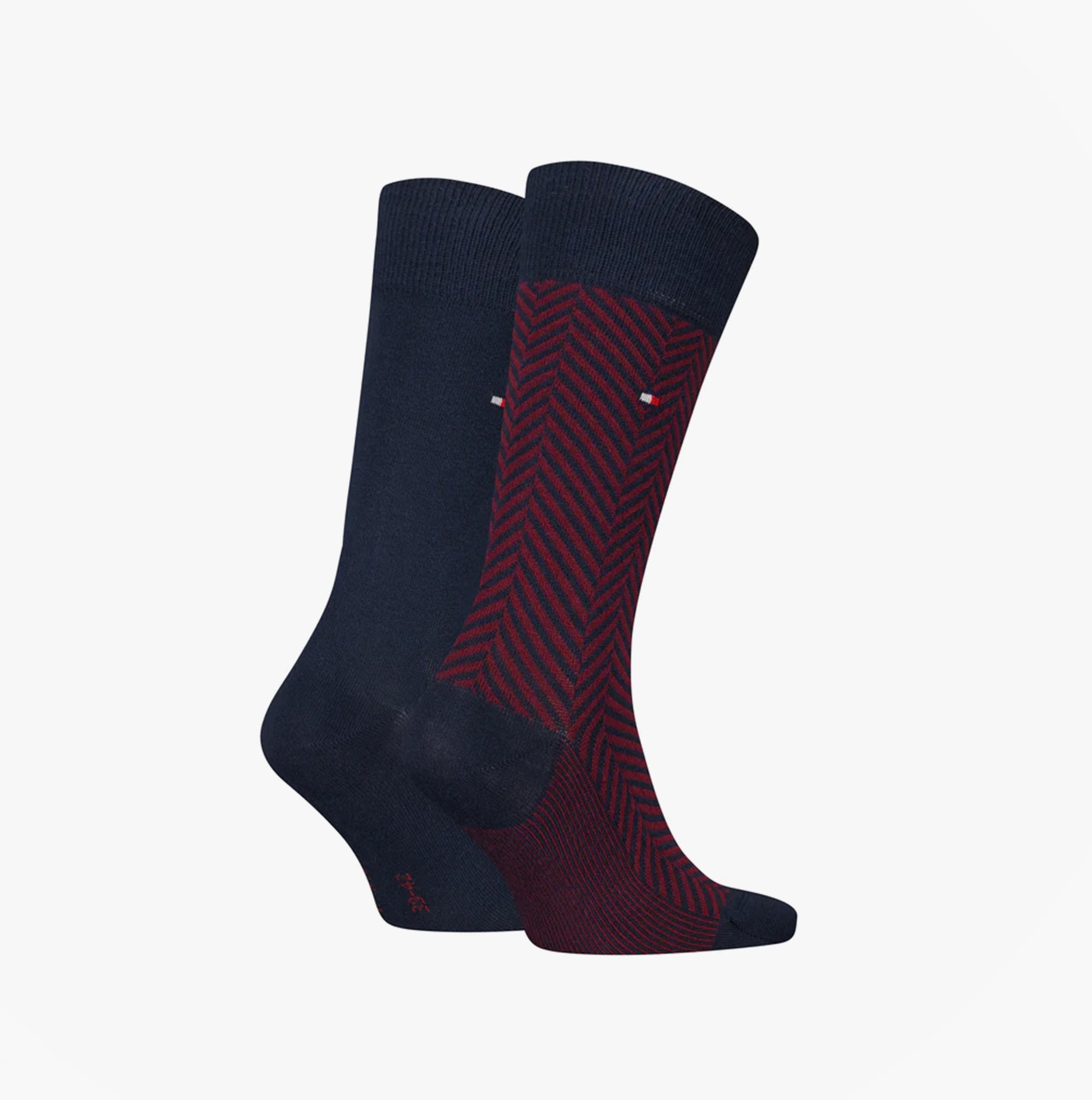 Tommy Hilfiger 2 Pack Classic Mens Crew Socks Navy side view showing navy and red striped designs.
