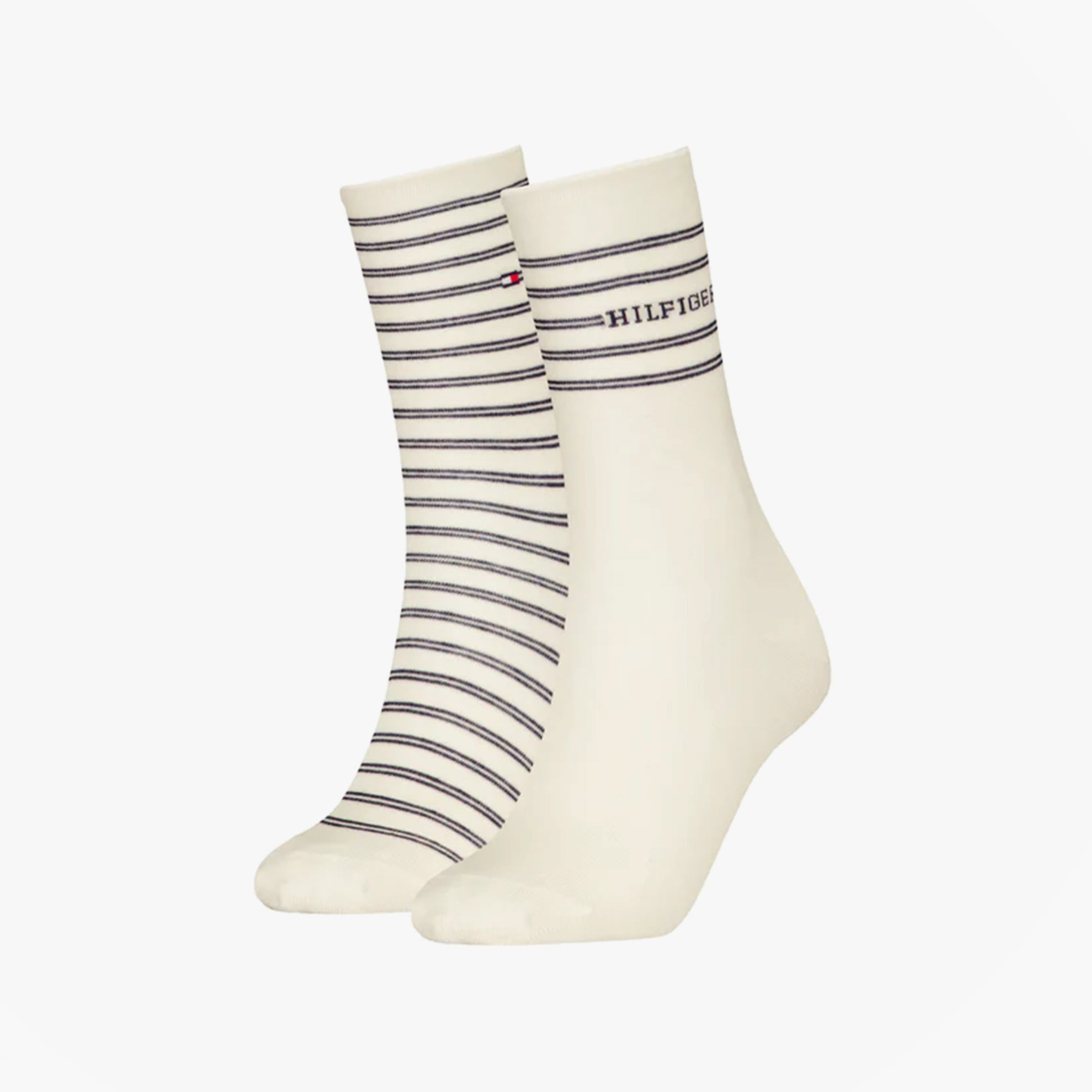 Tommy Hilfiger 2 Pack Stripe Womens Crew Socks White, front view showcasing the striped design and logo.