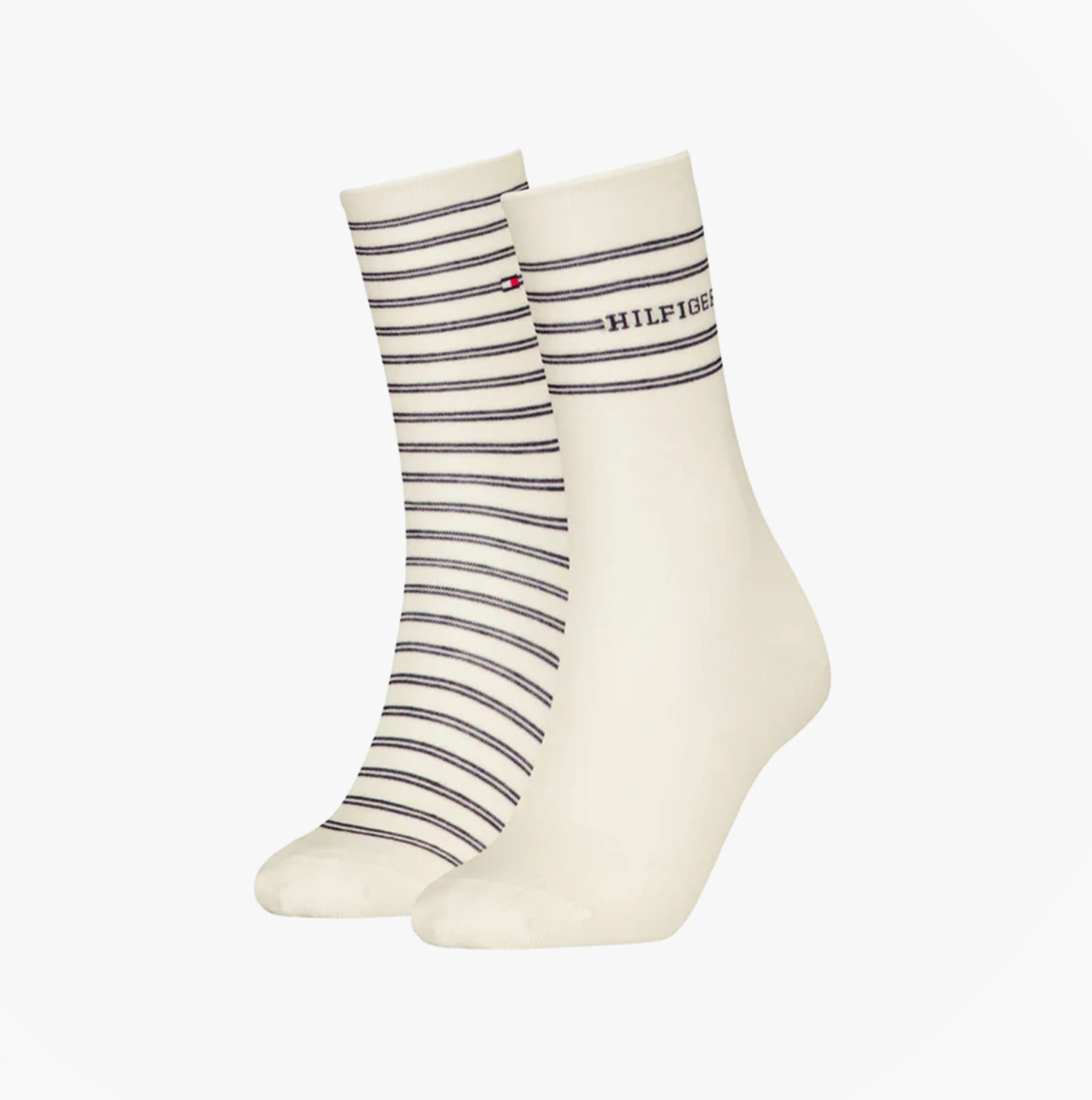 Tommy Hilfiger 2 Pack Stripe Womens Crew Socks White, front view showcasing the striped design and logo.