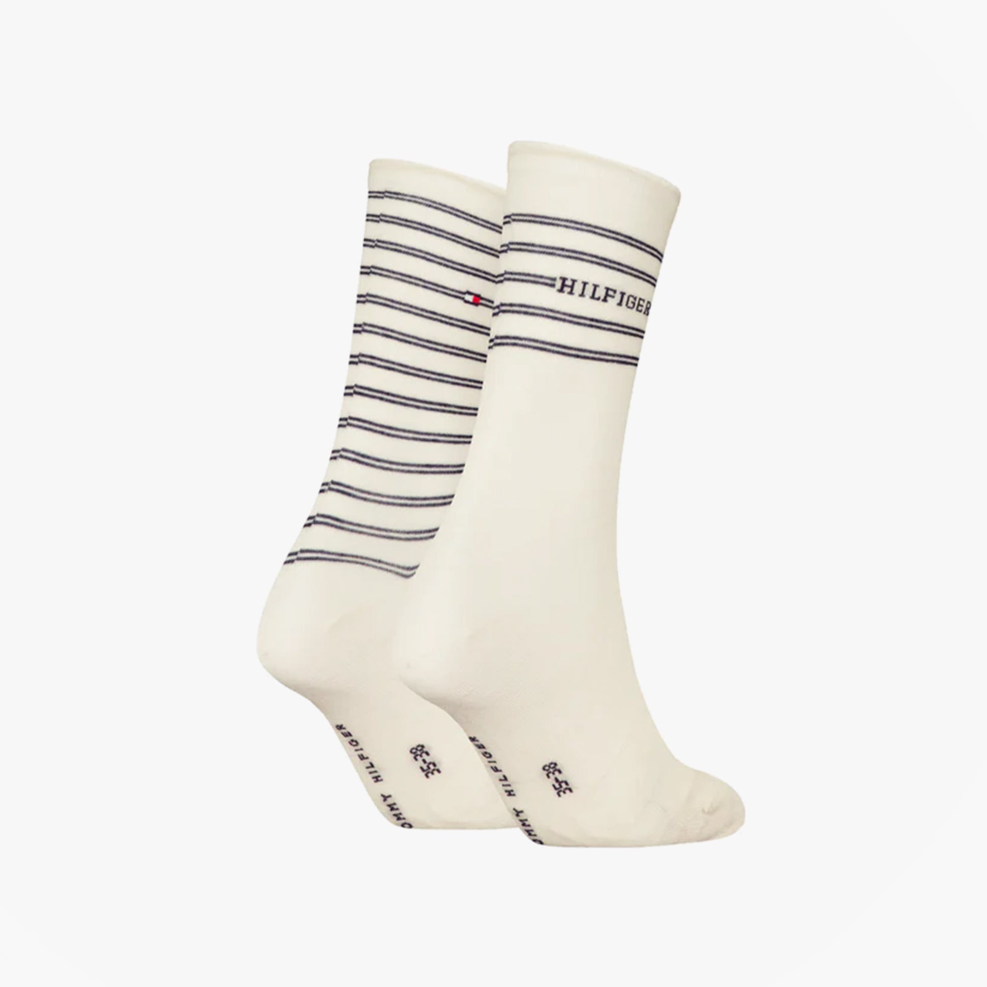 Tommy Hilfiger 2 Pack Stripe Womens Crew Socks White side view showing striped design and logo detail.
