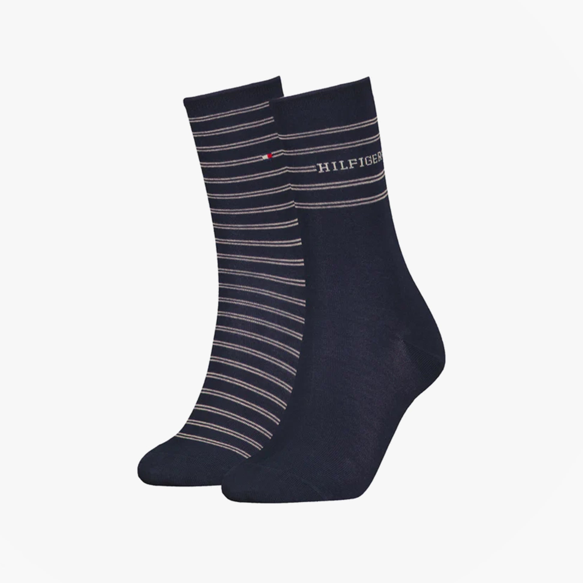 Tommy Hilfiger 2 Pack Stripe Womens Crew Socks Navy side view showing two pairs of navy socks with stripes.