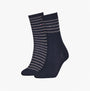 Tommy Hilfiger 2 Pack Stripe Womens Crew Socks Navy side view showing two pairs of navy socks with stripes.